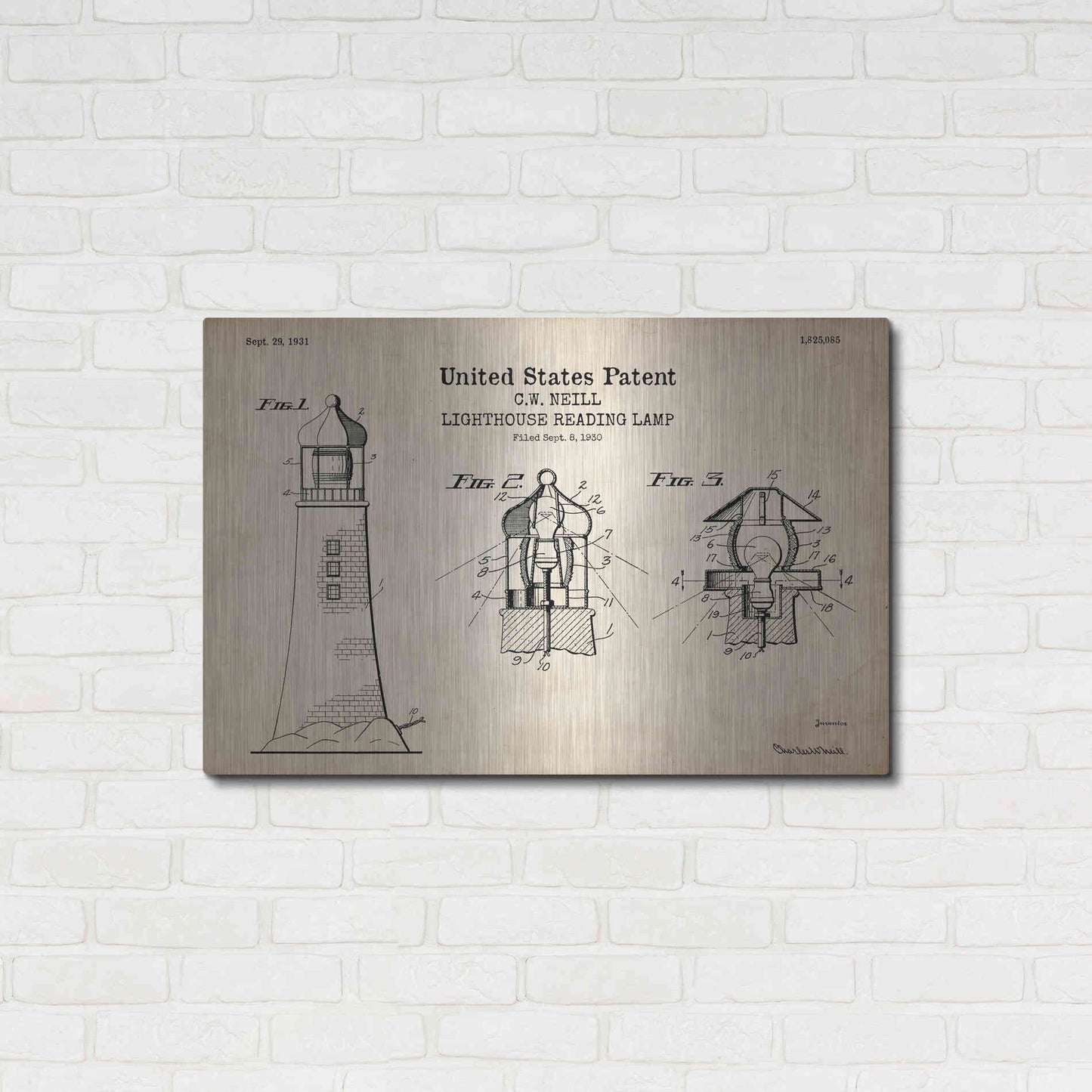 Luxe Metal Art 'Lighthouse Reading Lamp Blueprint Patent Parchment' Metal Wall Art,36x24