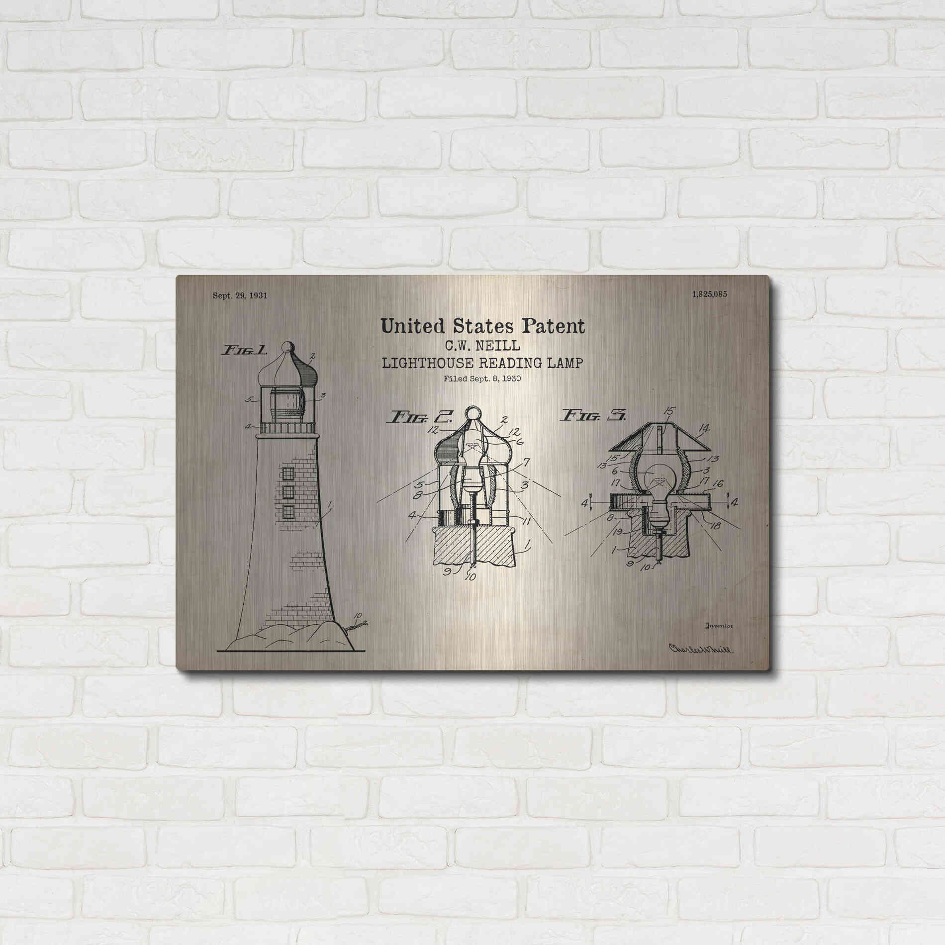 Luxe Metal Art 'Lighthouse Reading Lamp Blueprint Patent Parchment' Metal Wall Art,36x24