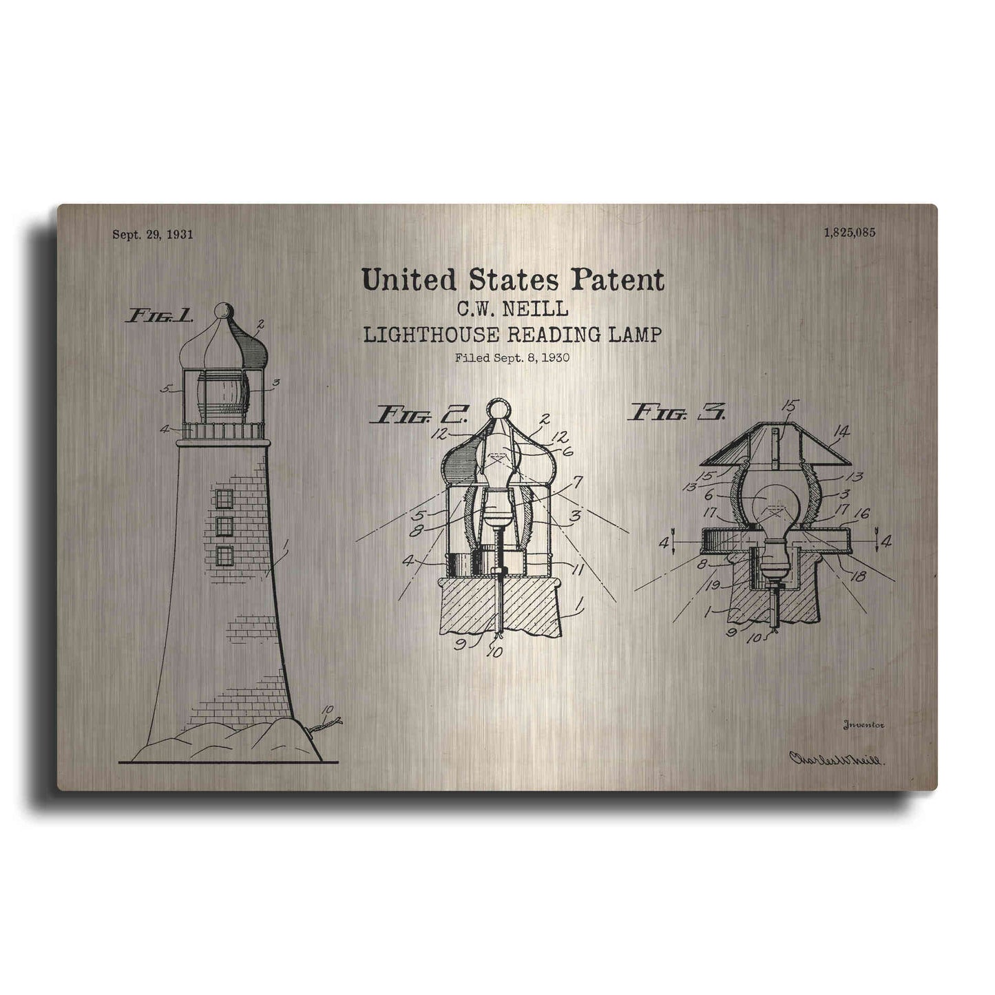 Luxe Metal Art 'Lighthouse Reading Lamp Blueprint Patent Parchment' Metal Wall Art