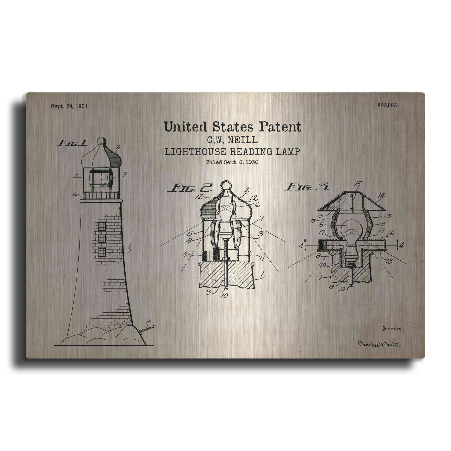 Luxe Metal Art 'Lighthouse Reading Lamp Blueprint Patent Parchment' Metal Wall Art
