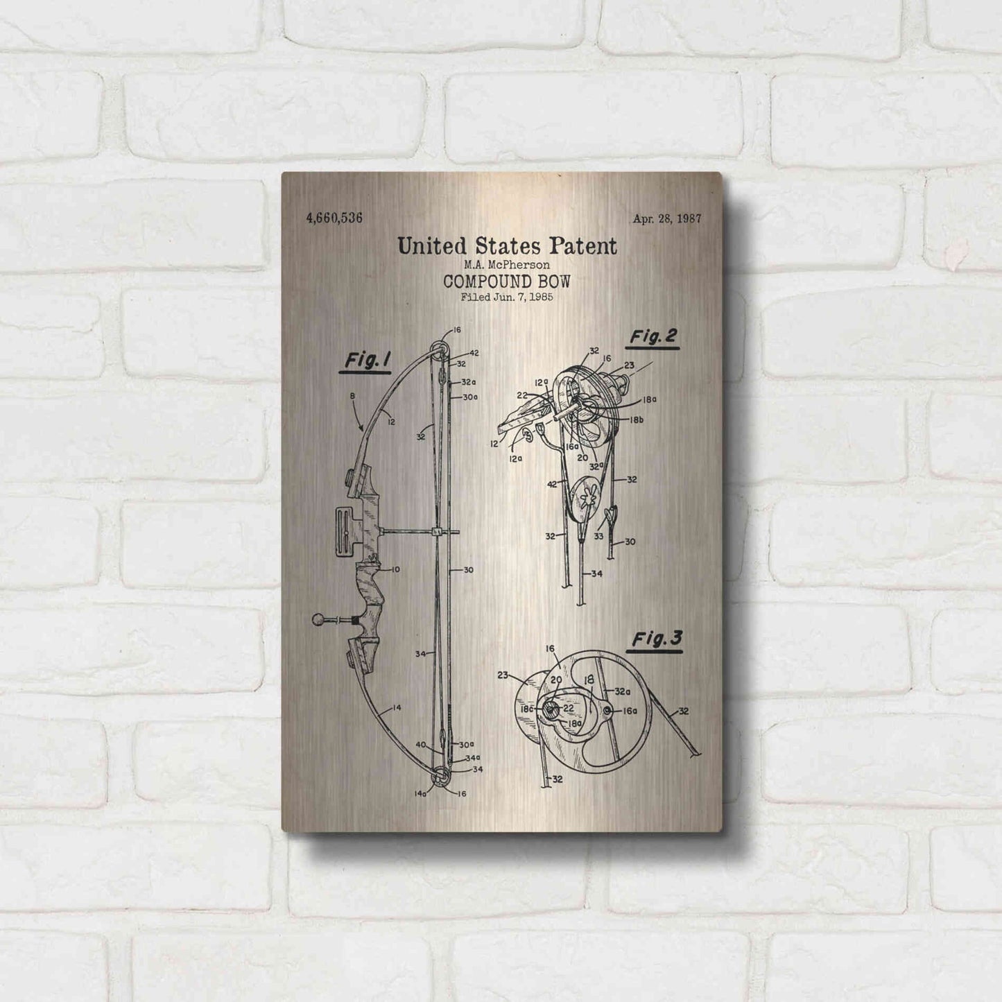 Luxe Metal Art 'Compound Bow Blueprint Patent Parchment' Metal Wall Art,12x16