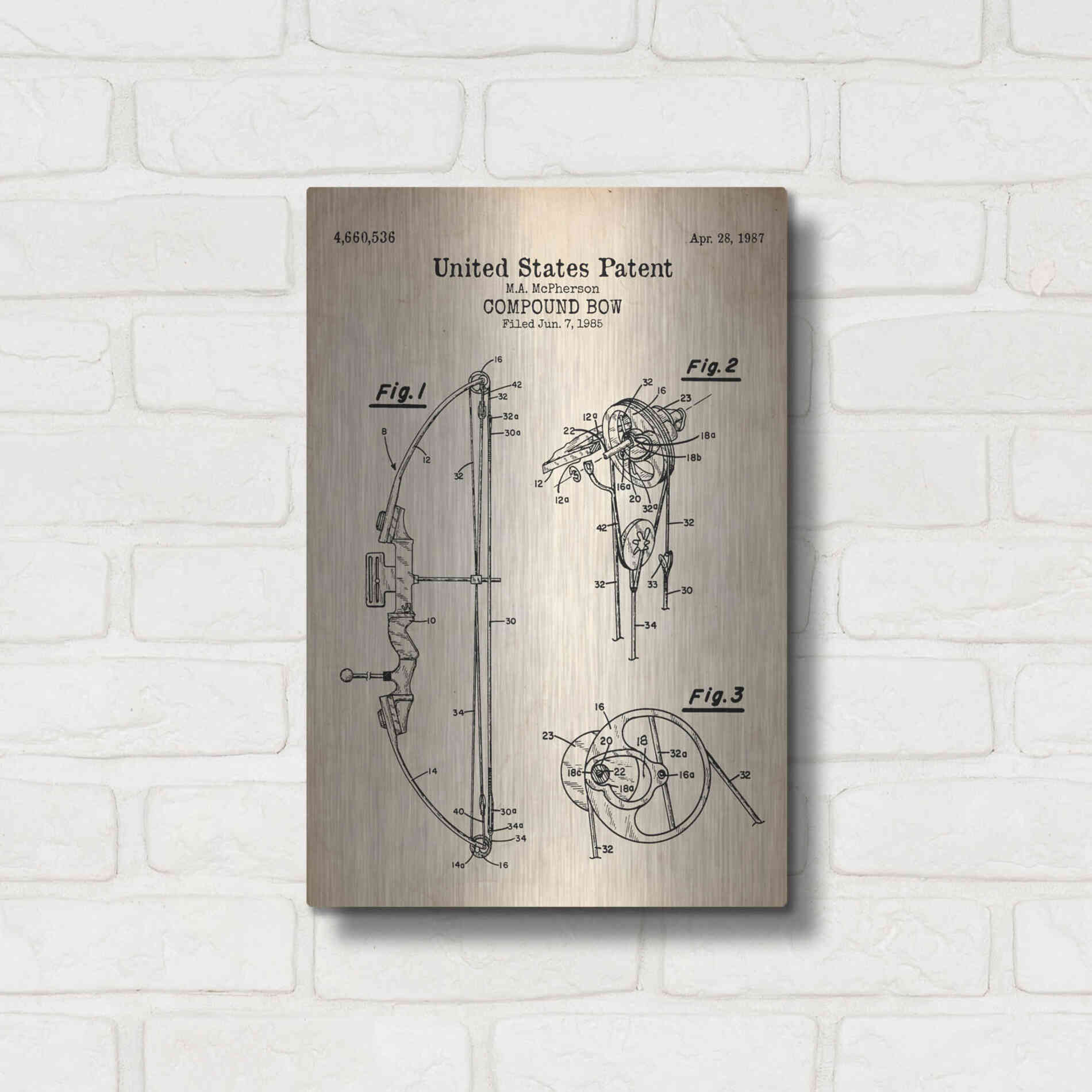 Luxe Metal Art 'Compound Bow Blueprint Patent Parchment' Metal Wall Art,12x16