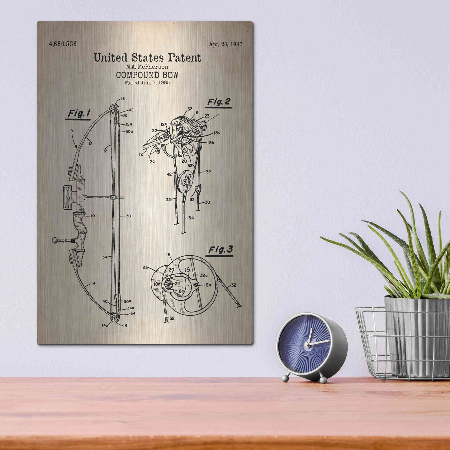 Luxe Metal Art 'Compound Bow Blueprint Patent Parchment' Metal Wall Art,12x16