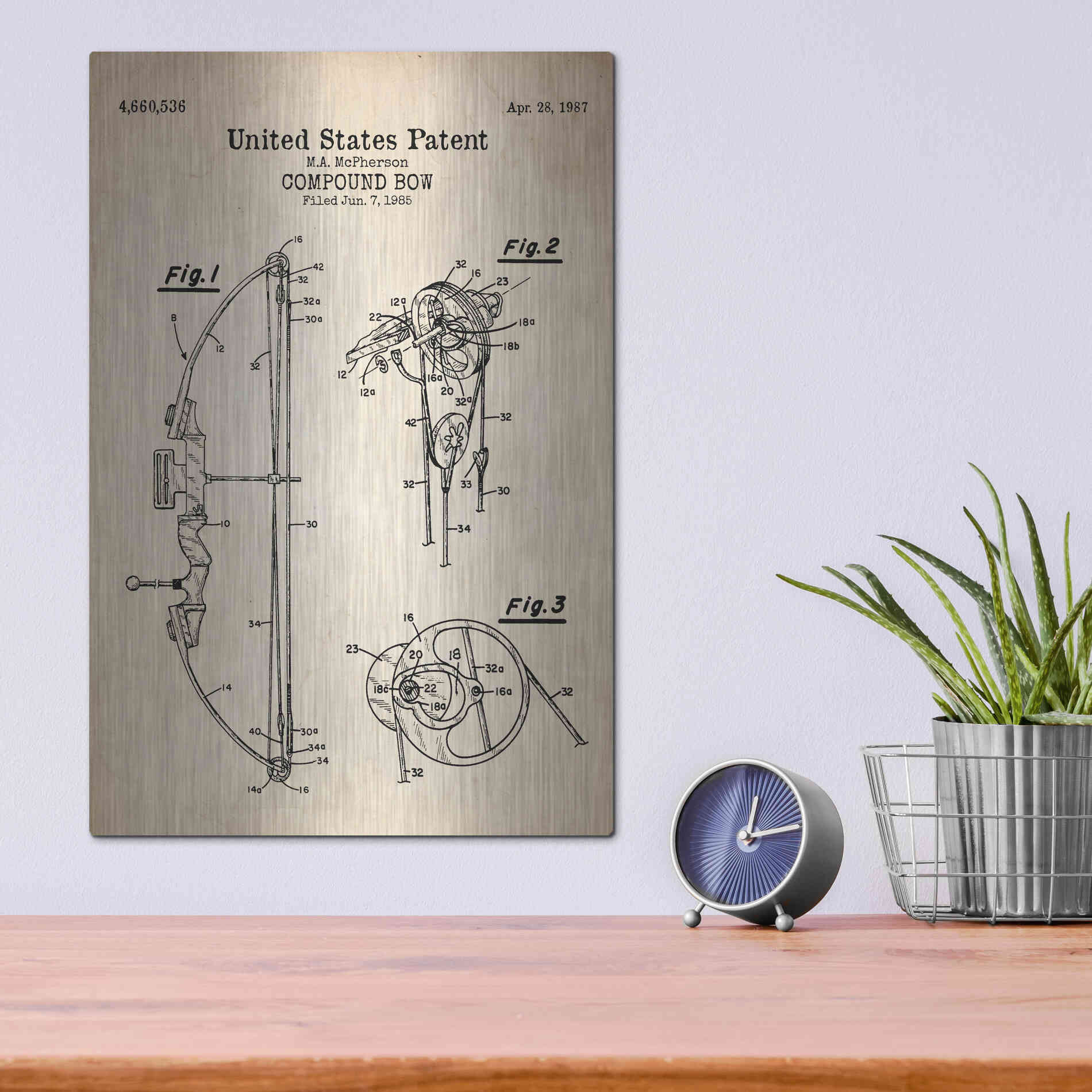 Luxe Metal Art 'Compound Bow Blueprint Patent Parchment' Metal Wall Art,12x16