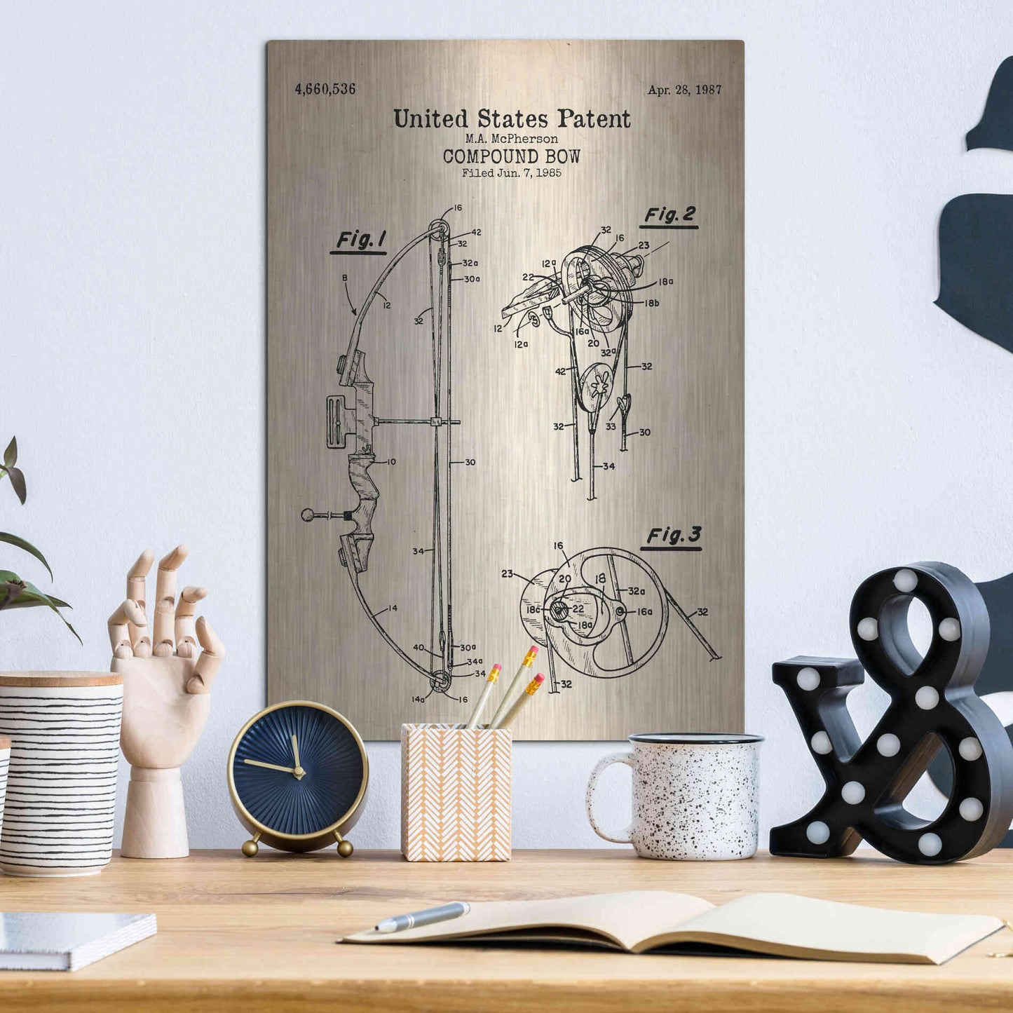 Luxe Metal Art 'Compound Bow Blueprint Patent Parchment' Metal Wall Art,12x16
