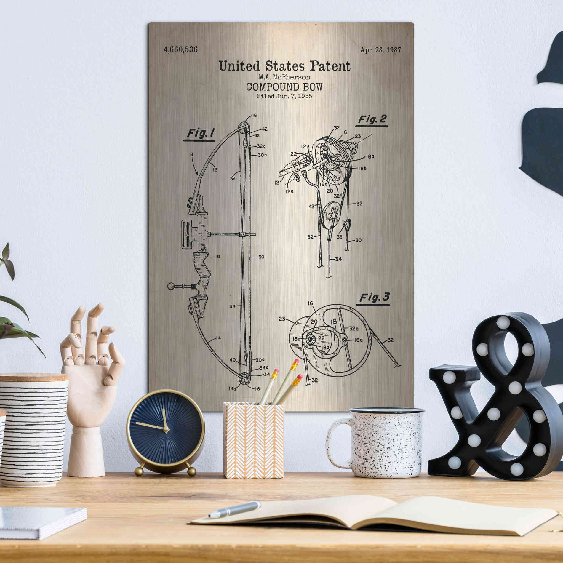 Luxe Metal Art 'Compound Bow Blueprint Patent Parchment' Metal Wall Art,12x16