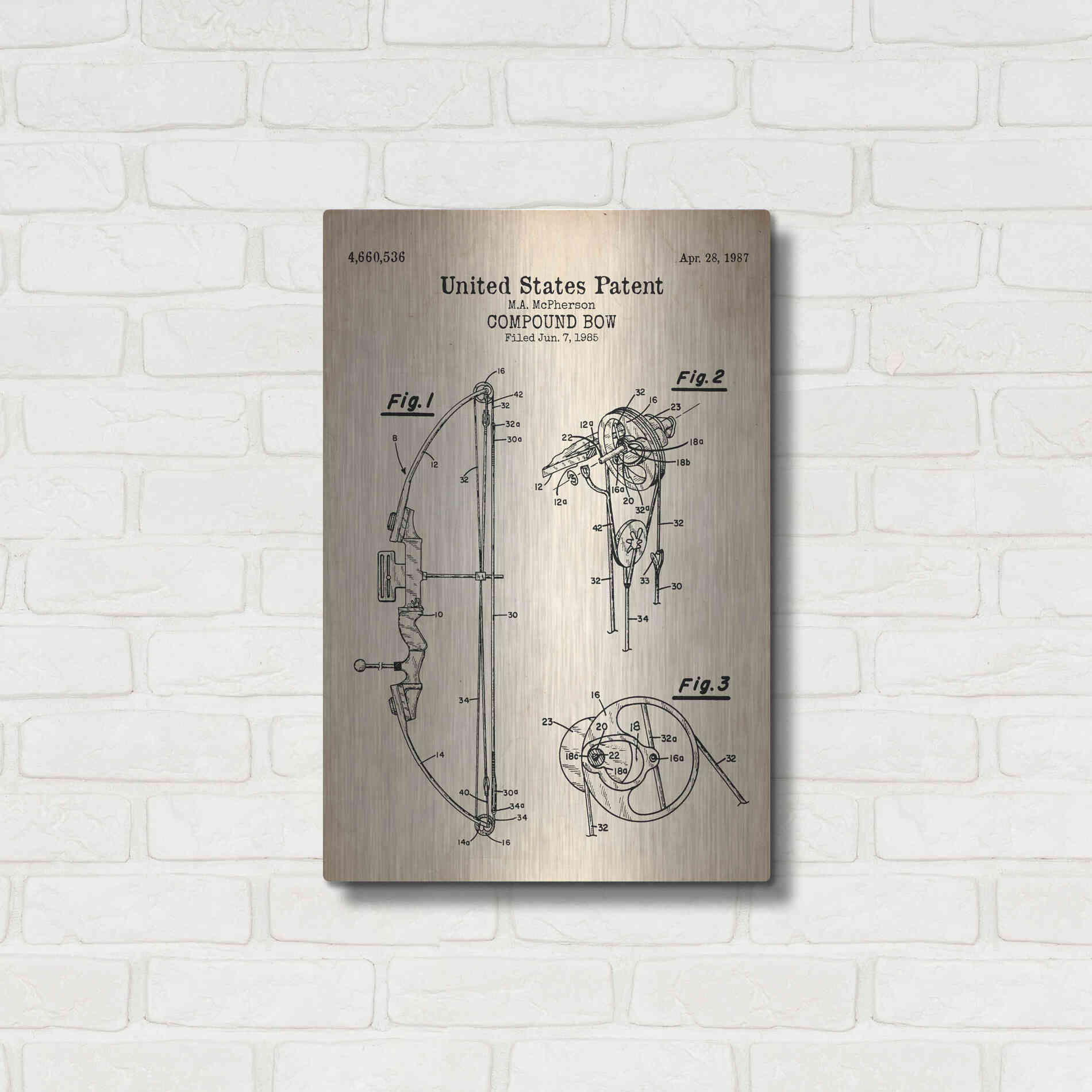 Luxe Metal Art 'Compound Bow Blueprint Patent Parchment' Metal Wall Art,16x24