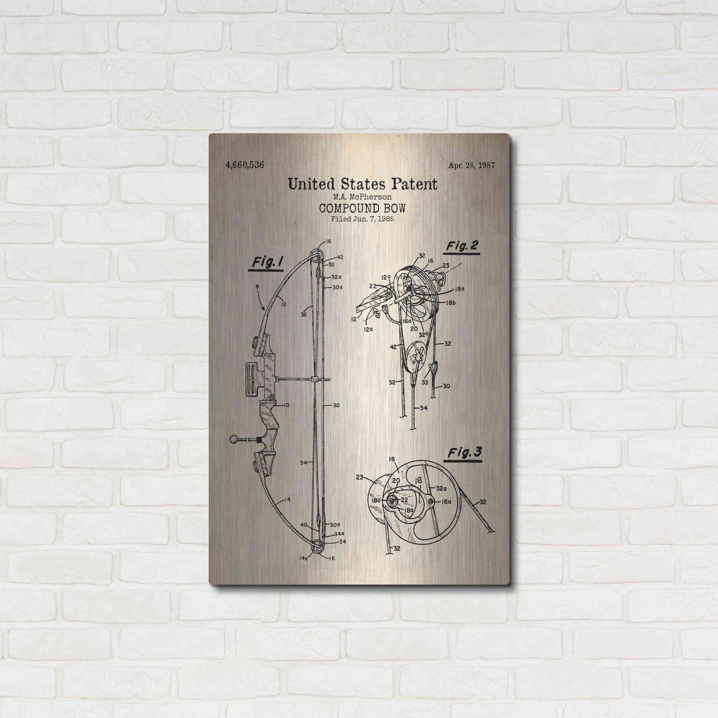 Luxe Metal Art 'Compound Bow Blueprint Patent Parchment' Metal Wall Art,24x36