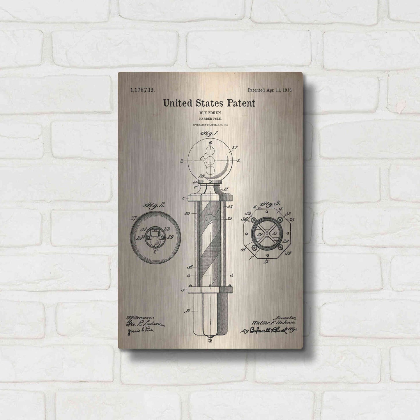 Luxe Metal Art 'Barber Pole Blueprint Patent Parchment' Metal Wall Art,12x16