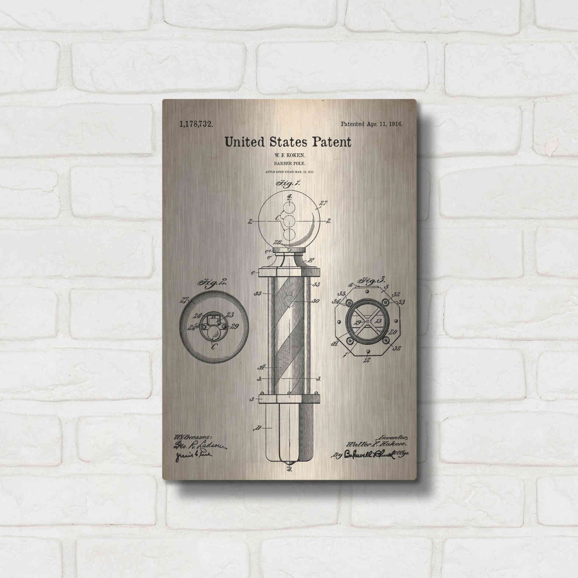 Luxe Metal Art 'Barber Pole Blueprint Patent Parchment' Metal Wall Art,12x16