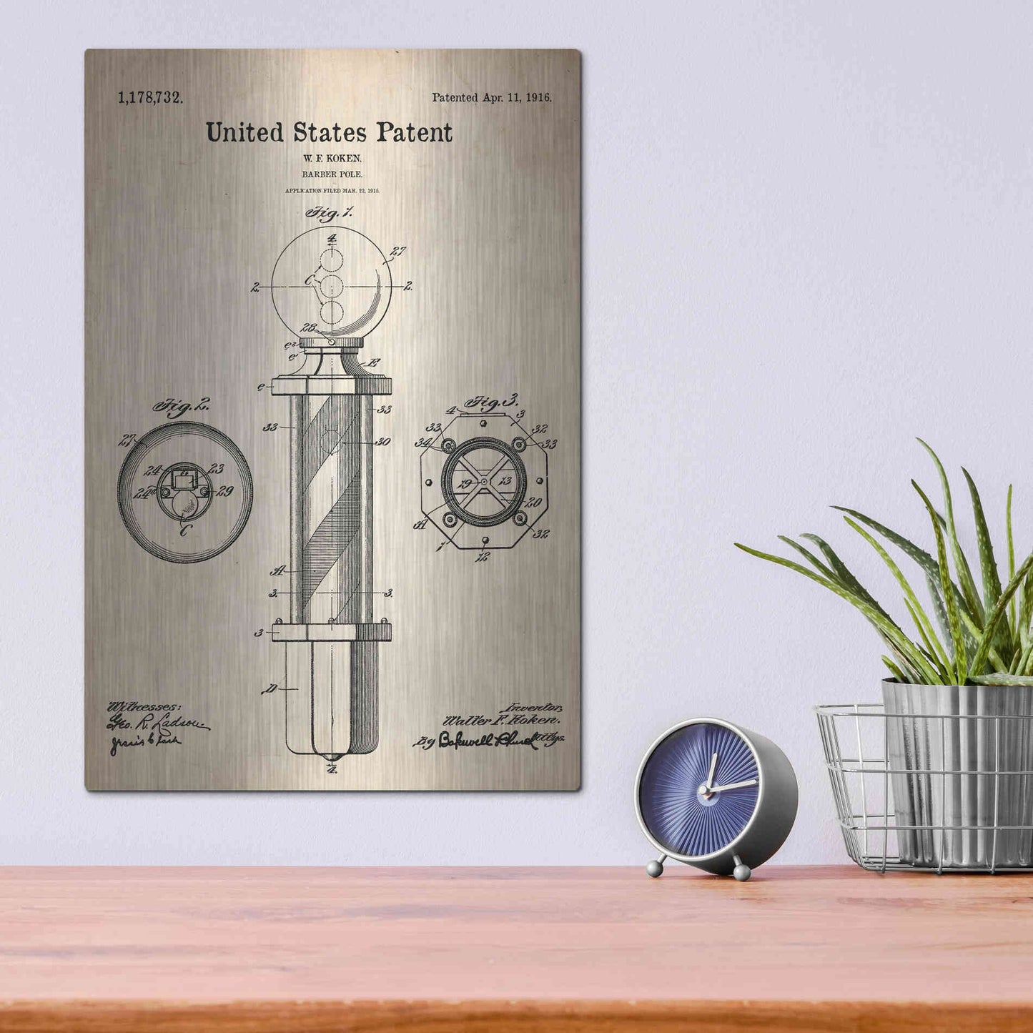 Luxe Metal Art 'Barber Pole Blueprint Patent Parchment' Metal Wall Art,12x16