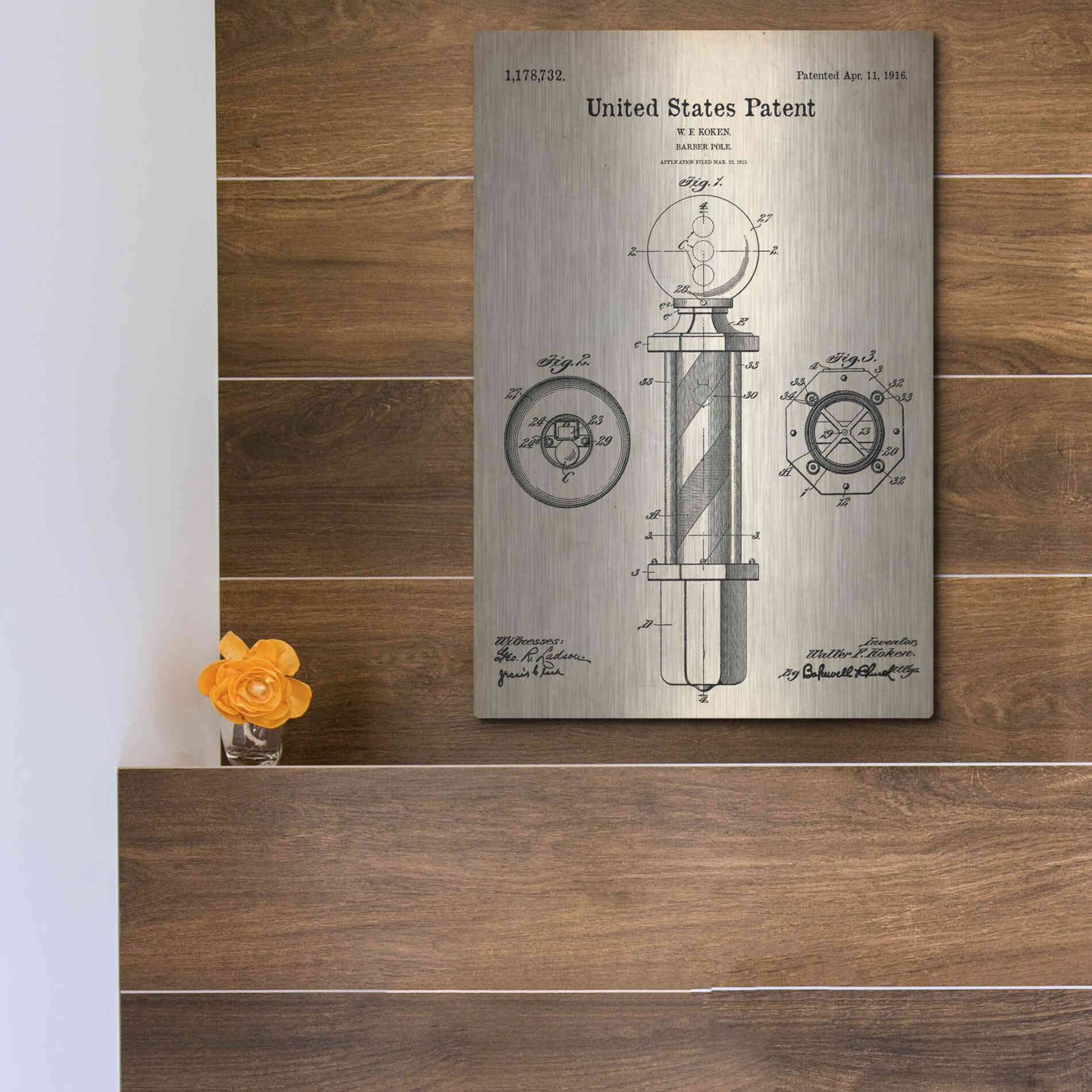 Luxe Metal Art 'Barber Pole Blueprint Patent Parchment' Metal Wall Art,12x16