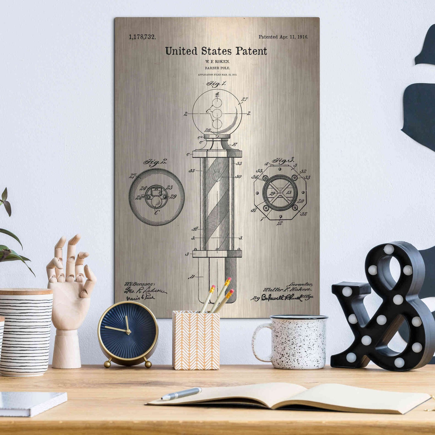 Luxe Metal Art 'Barber Pole Blueprint Patent Parchment' Metal Wall Art,12x16
