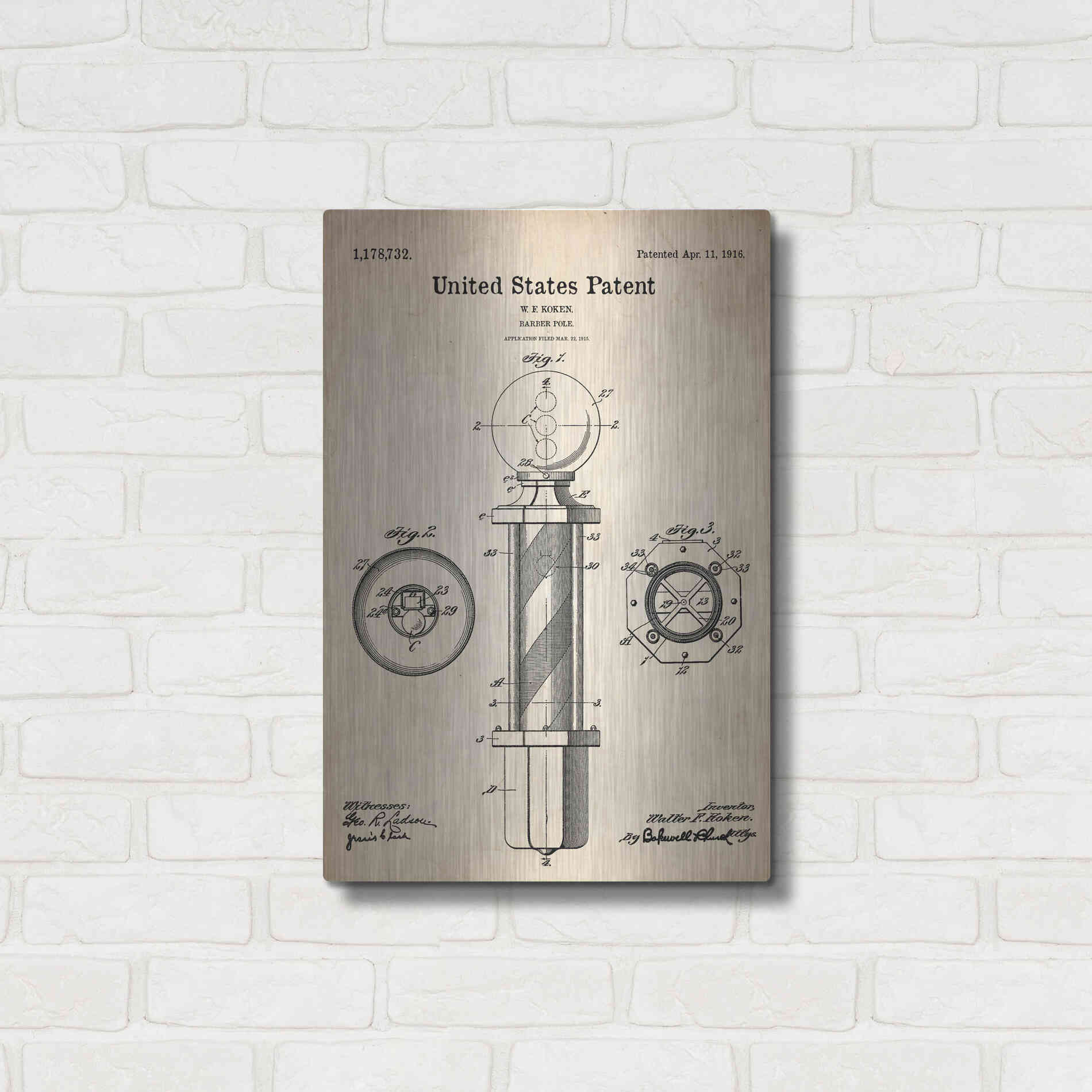 Luxe Metal Art 'Barber Pole Blueprint Patent Parchment' Metal Wall Art,16x24