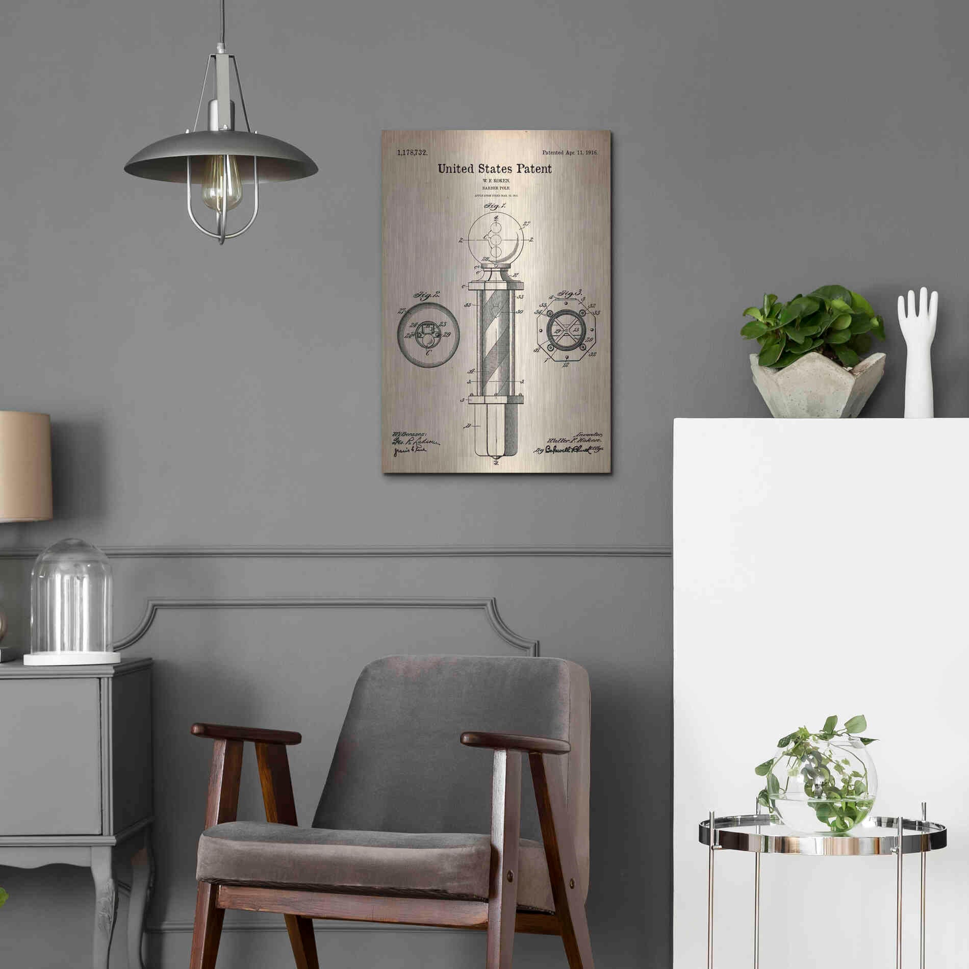 Luxe Metal Art 'Barber Pole Blueprint Patent Parchment' Metal Wall Art,16x24