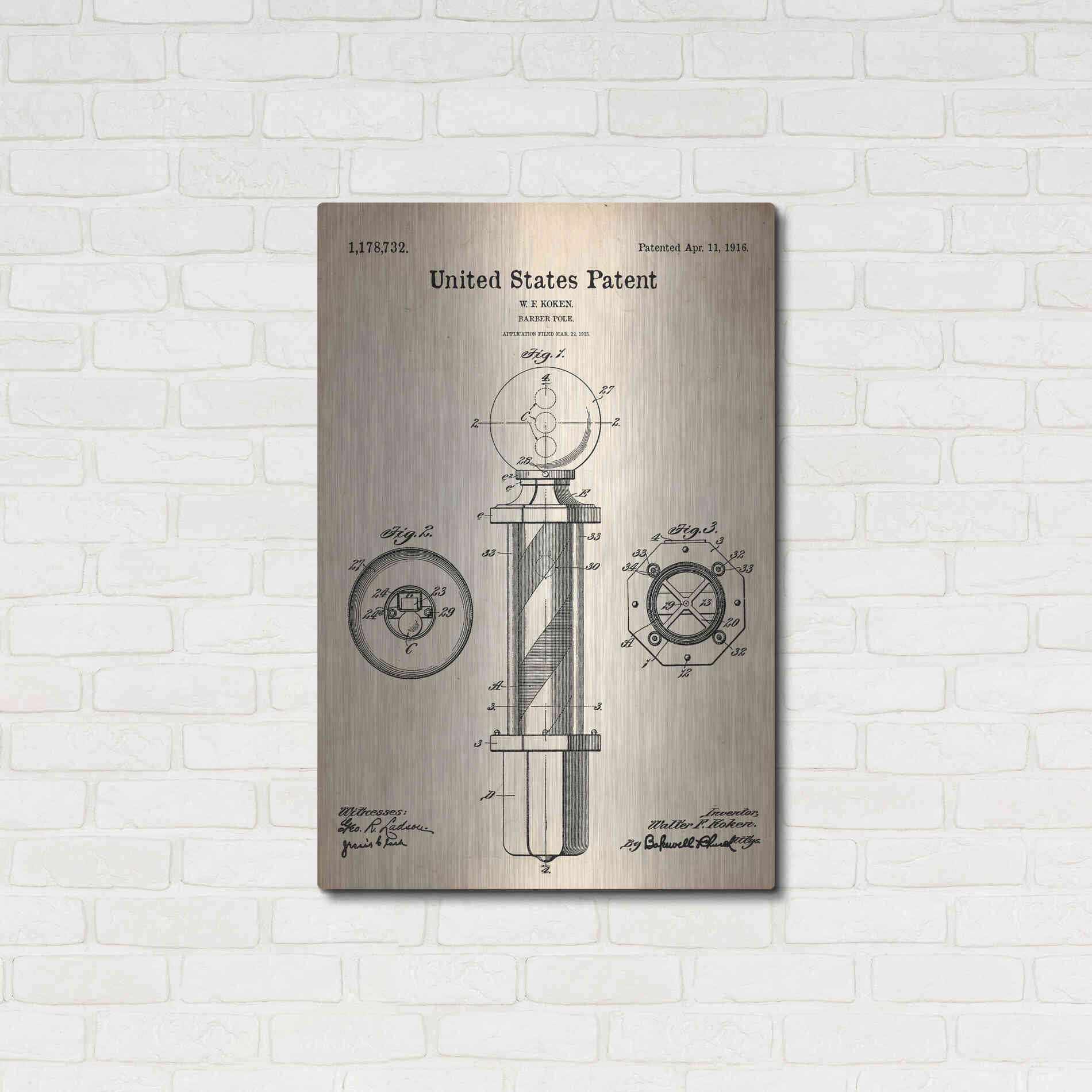Luxe Metal Art 'Barber Pole Blueprint Patent Parchment' Metal Wall Art,24x36