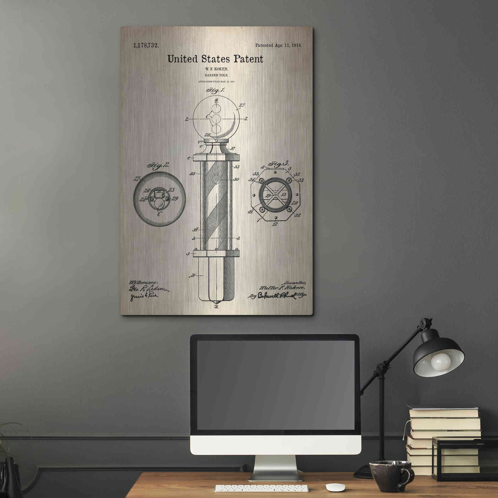 Luxe Metal Art 'Barber Pole Blueprint Patent Parchment' Metal Wall Art,24x36