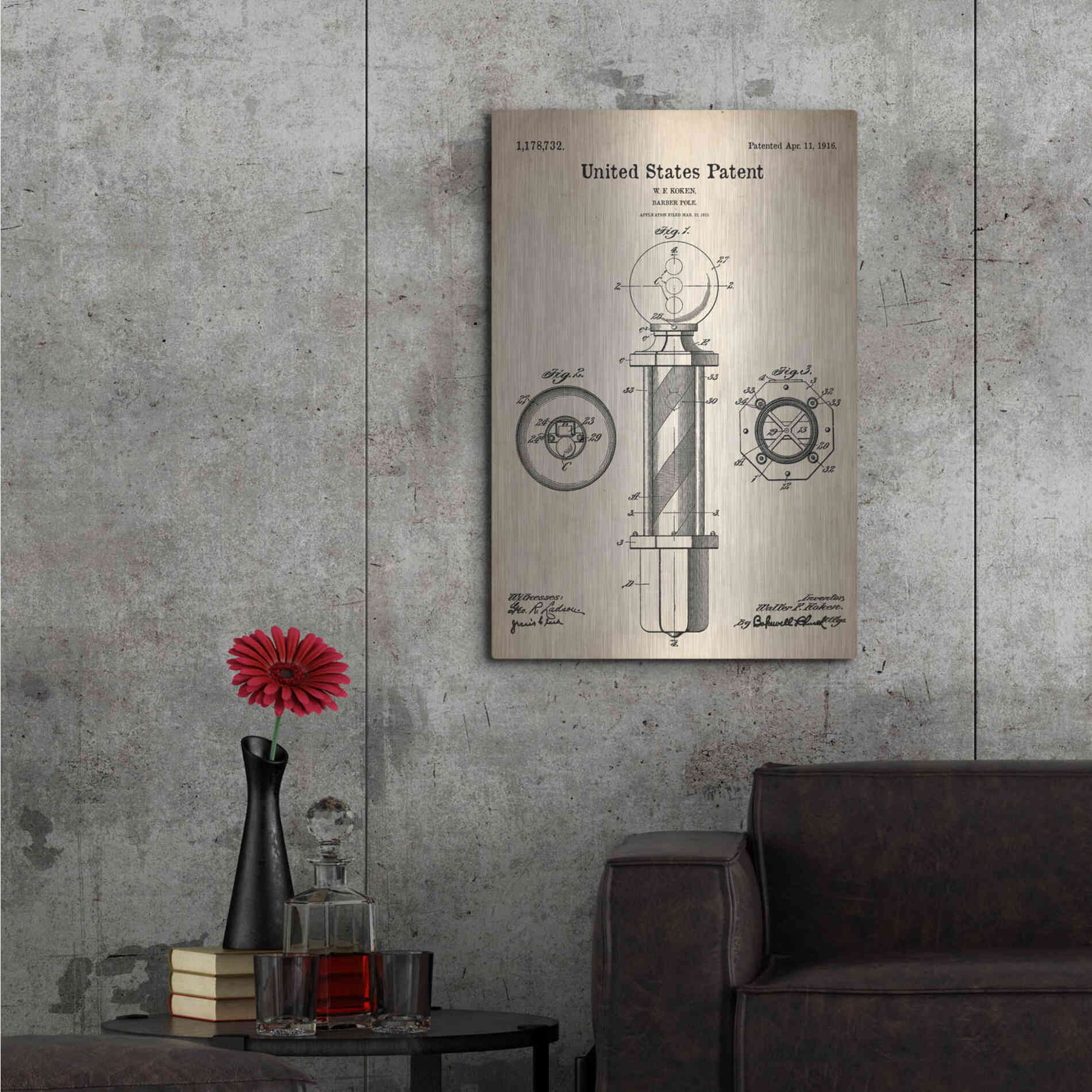 Luxe Metal Art 'Barber Pole Blueprint Patent Parchment' Metal Wall Art,24x36