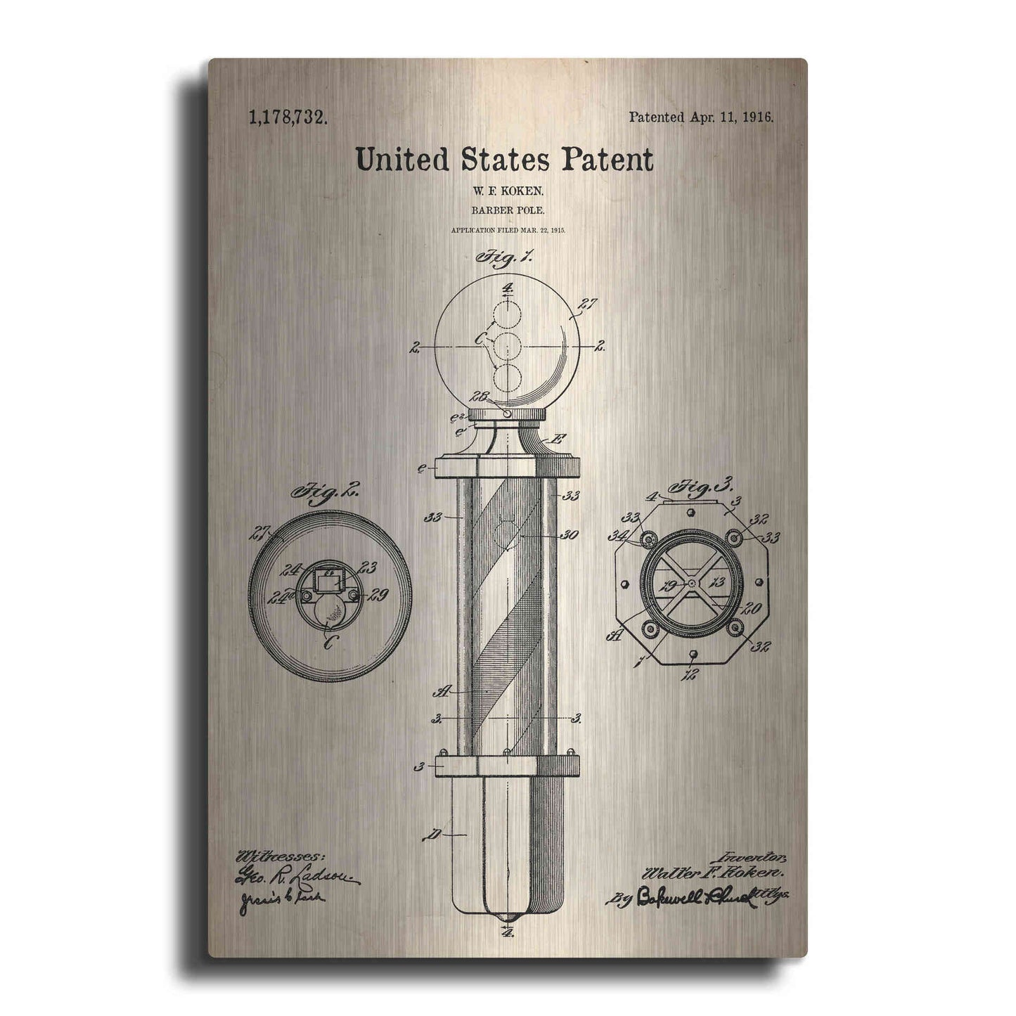 Luxe Metal Art 'Barber Pole Blueprint Patent Parchment' Metal Wall Art