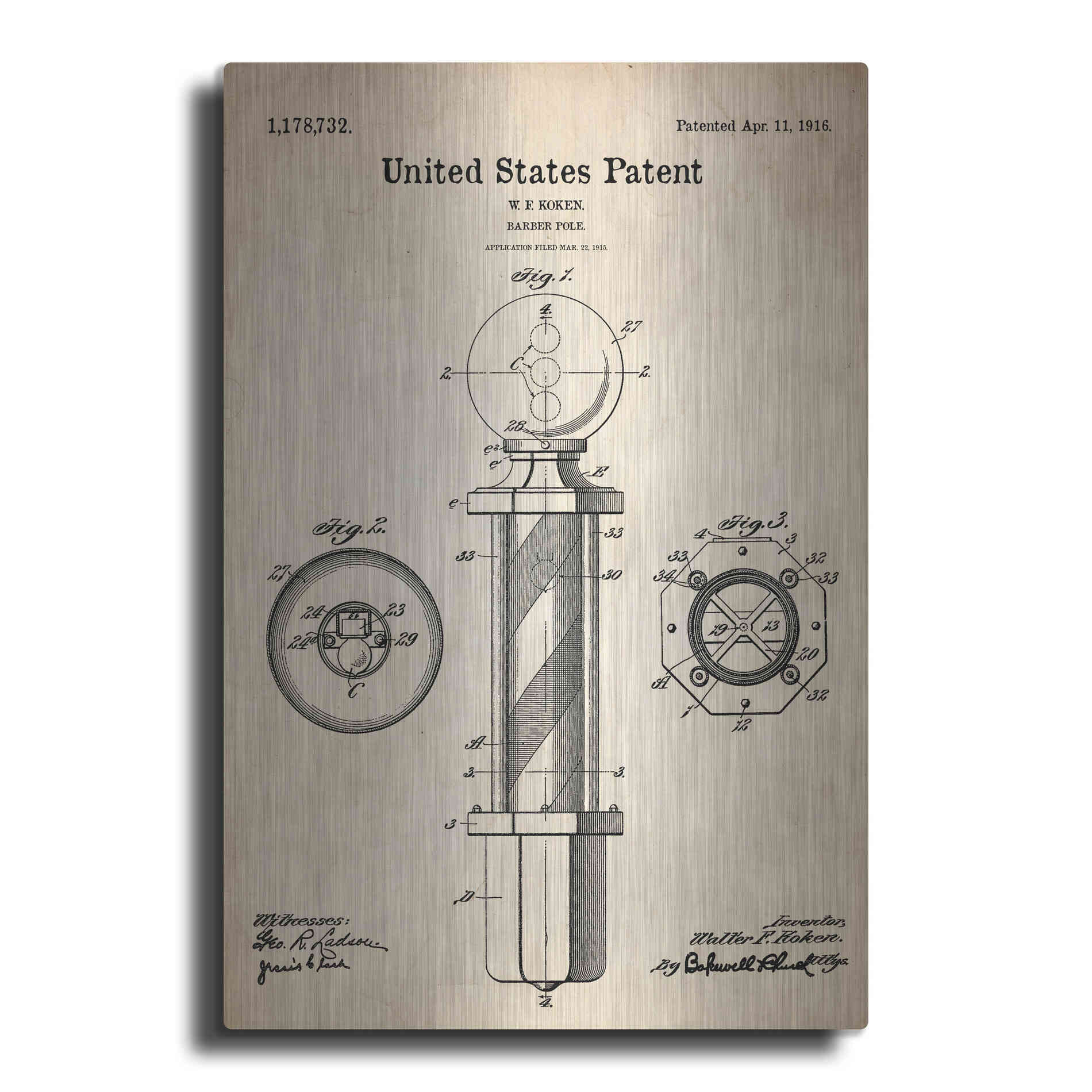 Luxe Metal Art 'Barber Pole Blueprint Patent Parchment' Metal Wall Art