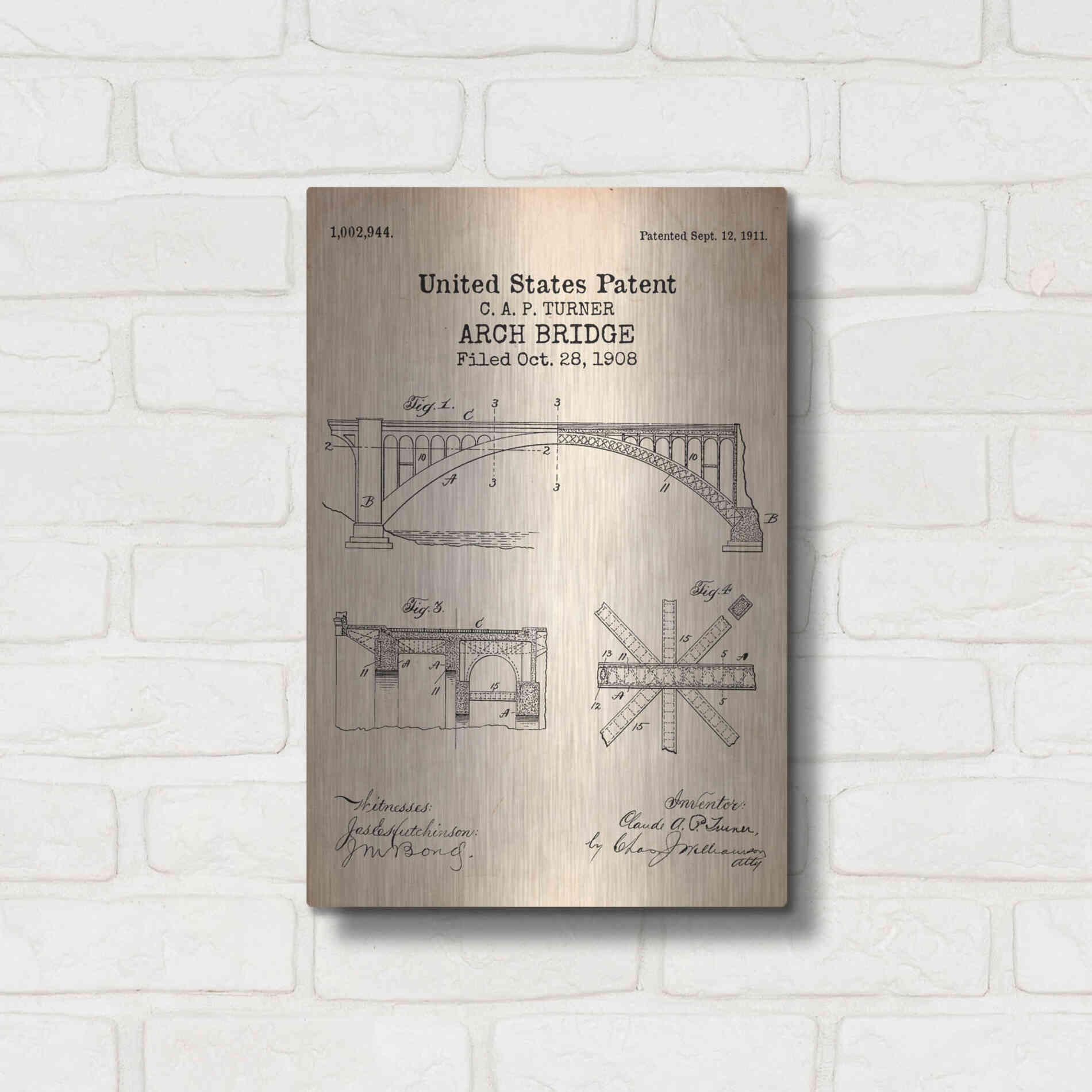 Luxe Metal Art 'Arch Bridge Blueprint Patent Parchment' Metal Wall Art,12x16