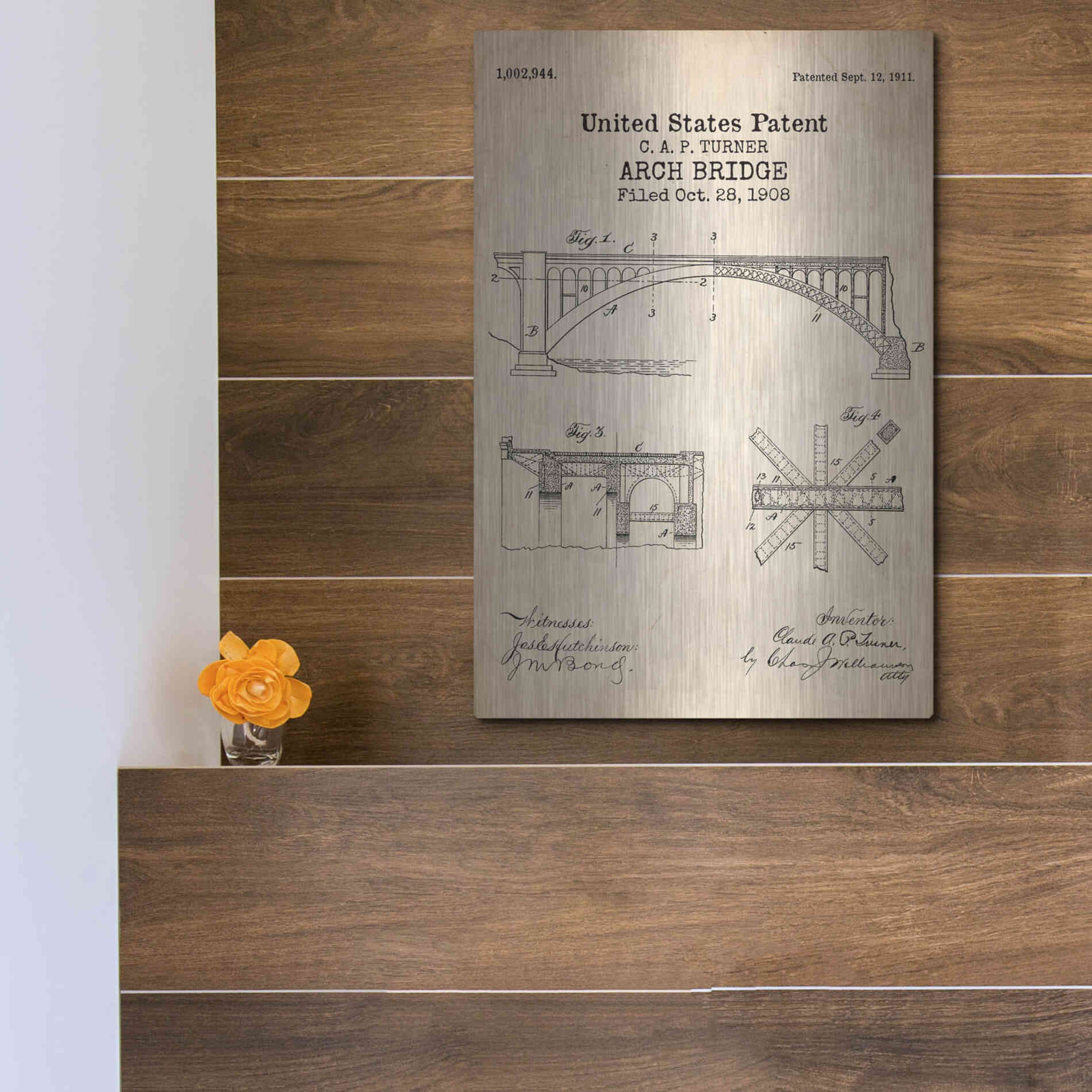 Luxe Metal Art 'Arch Bridge Blueprint Patent Parchment' Metal Wall Art,12x16