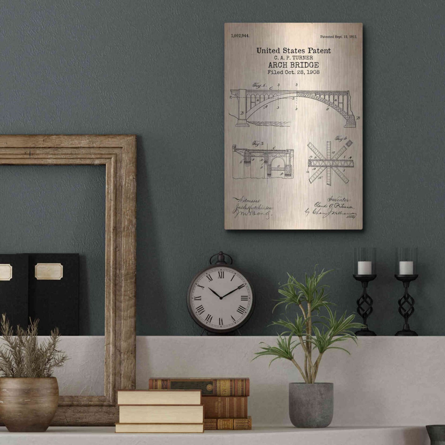 Luxe Metal Art 'Arch Bridge Blueprint Patent Parchment' Metal Wall Art,12x16