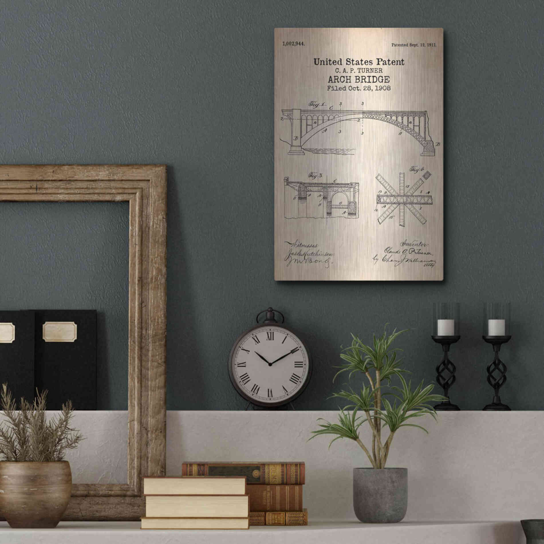 Luxe Metal Art 'Arch Bridge Blueprint Patent Parchment' Metal Wall Art,12x16