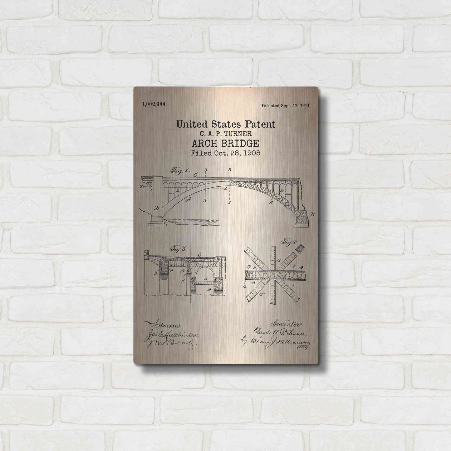 Luxe Metal Art 'Arch Bridge Blueprint Patent Parchment' Metal Wall Art,16x24