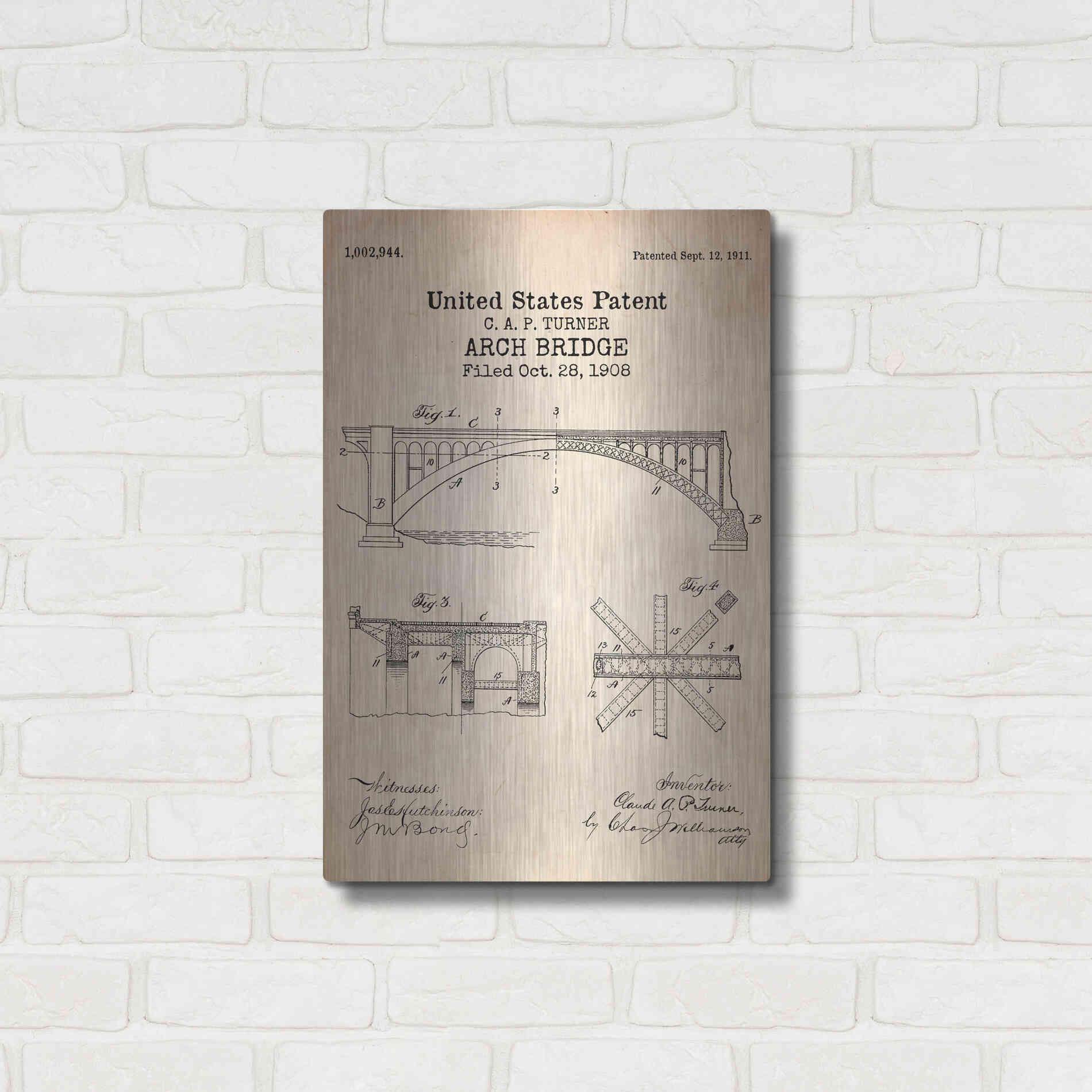 Luxe Metal Art 'Arch Bridge Blueprint Patent Parchment' Metal Wall Art,16x24