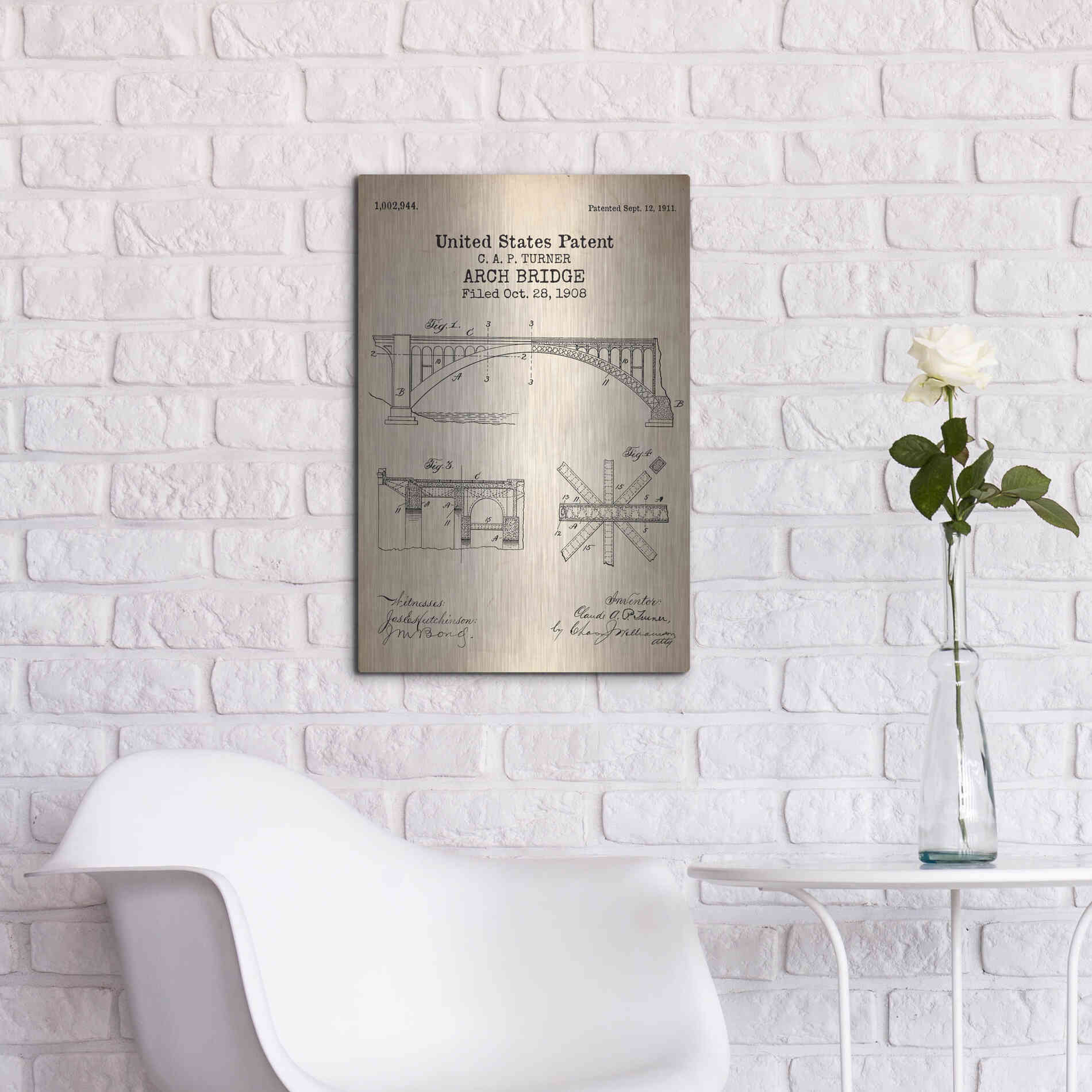 Luxe Metal Art 'Arch Bridge Blueprint Patent Parchment' Metal Wall Art,16x24