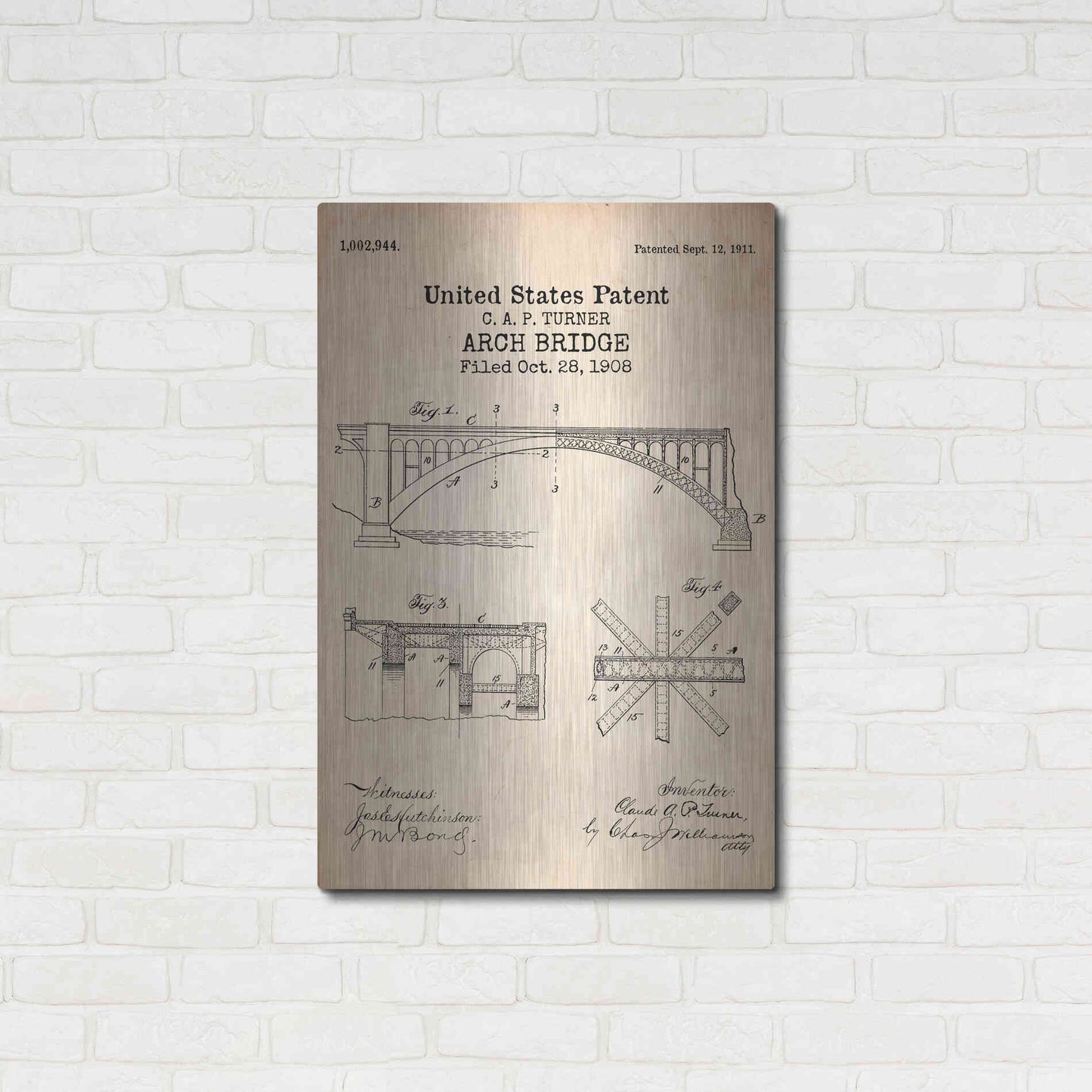 Luxe Metal Art 'Arch Bridge Blueprint Patent Parchment' Metal Wall Art,24x36