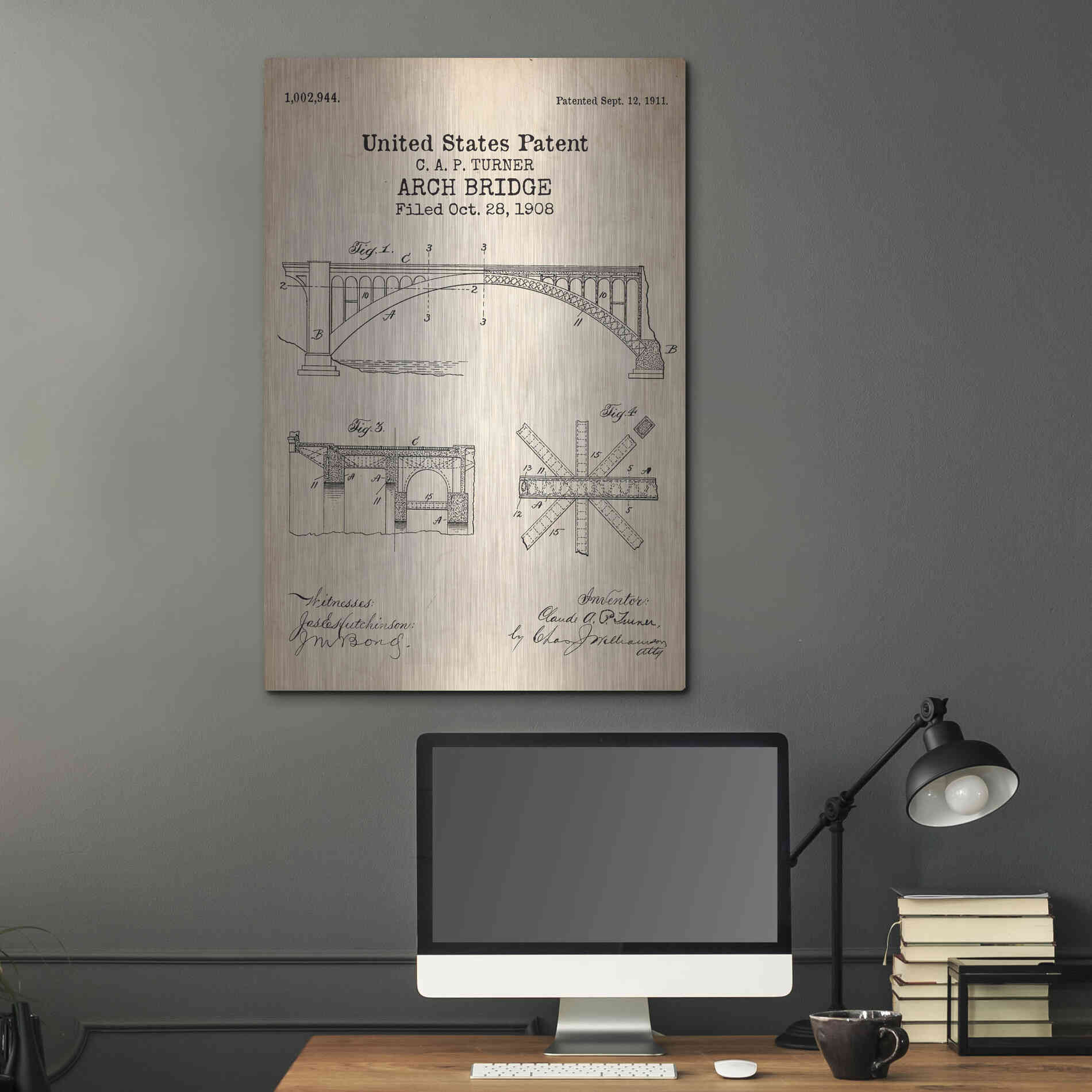 Luxe Metal Art 'Arch Bridge Blueprint Patent Parchment' Metal Wall Art,24x36