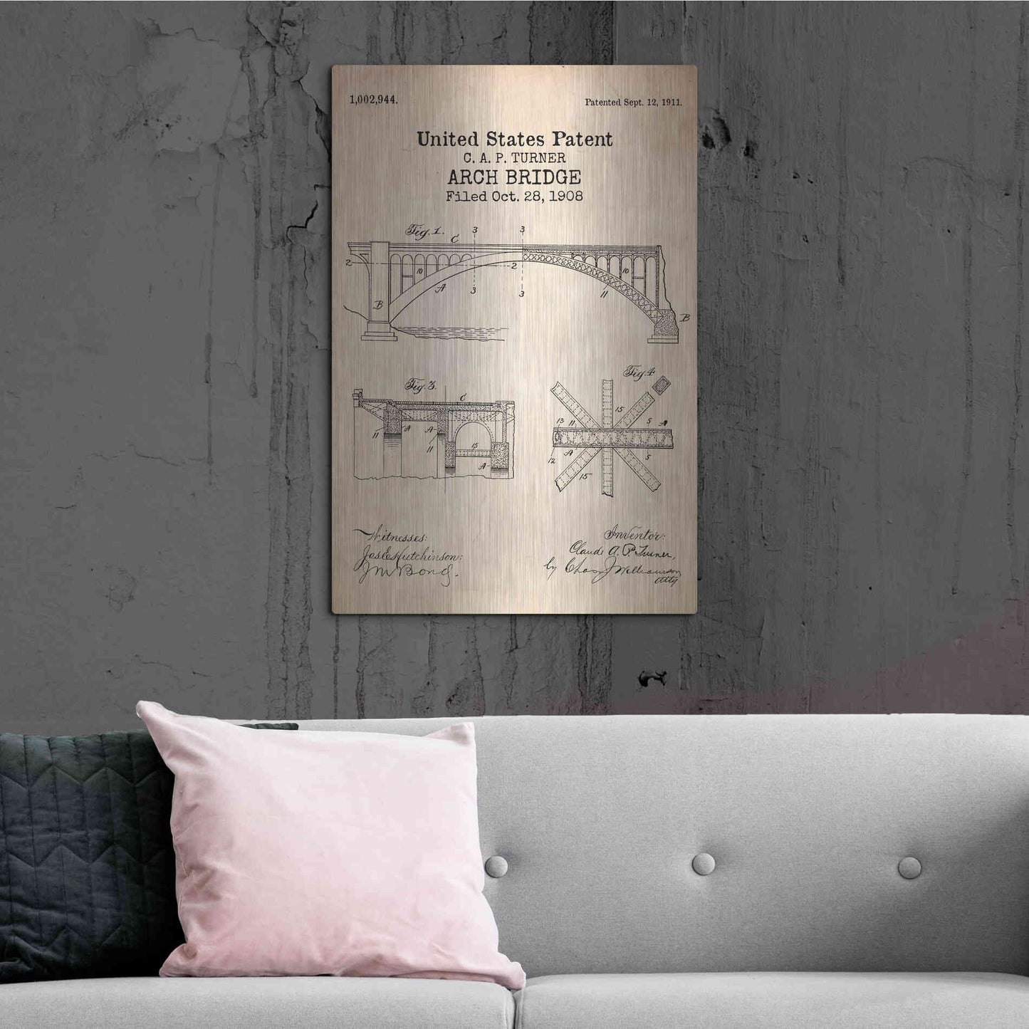 Luxe Metal Art 'Arch Bridge Blueprint Patent Parchment' Metal Wall Art,24x36