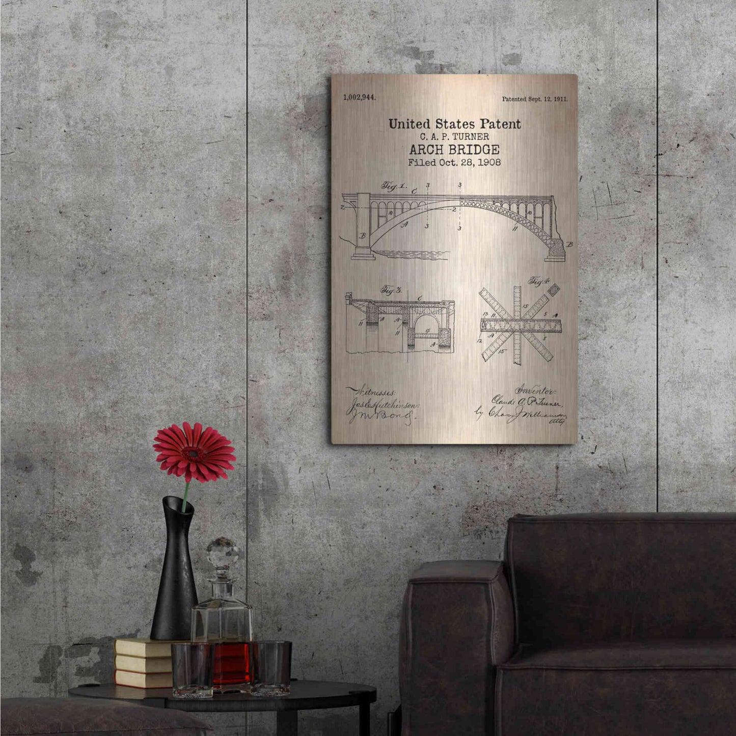 Luxe Metal Art 'Arch Bridge Blueprint Patent Parchment' Metal Wall Art,24x36