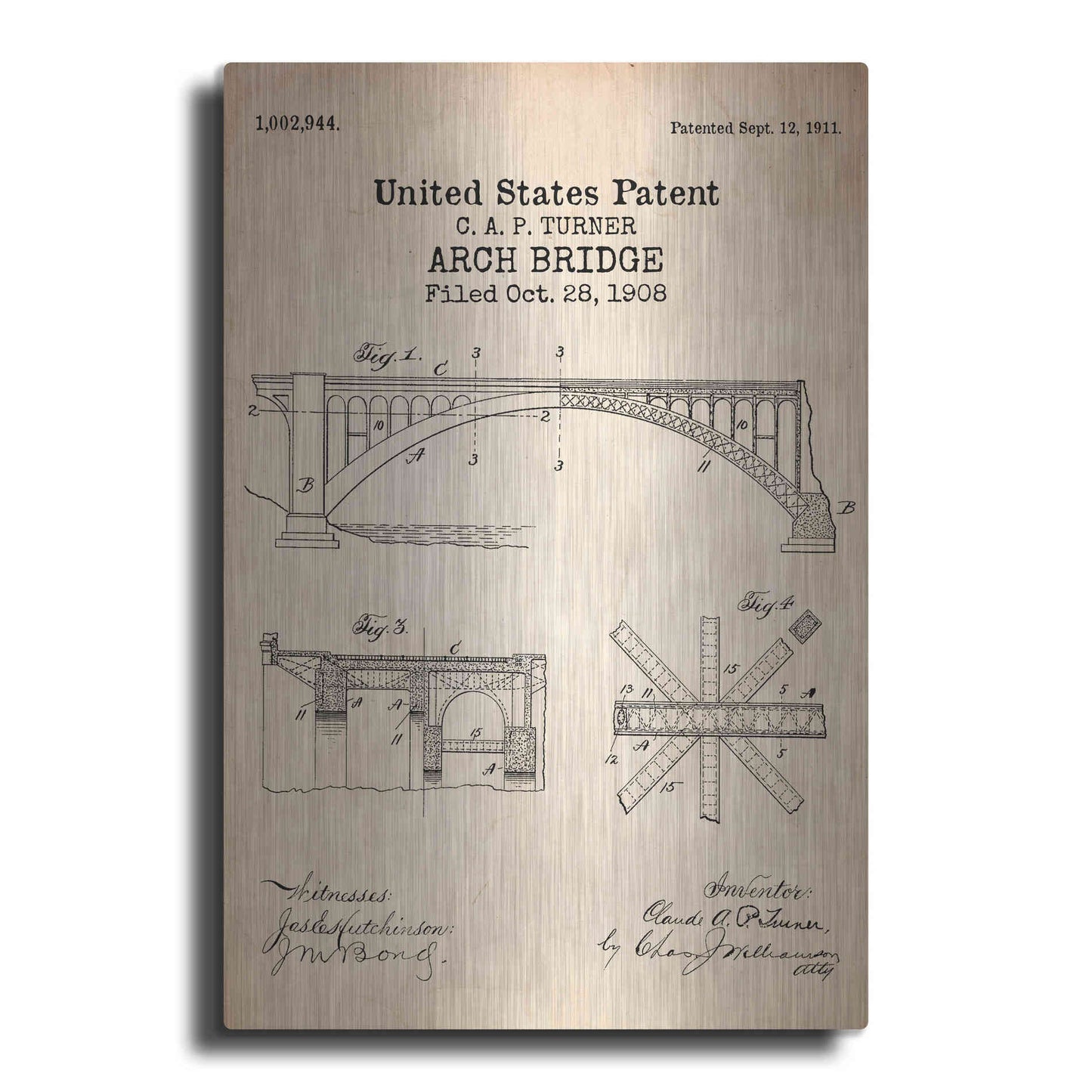 Luxe Metal Art 'Arch Bridge Blueprint Patent Parchment' Metal Wall Art