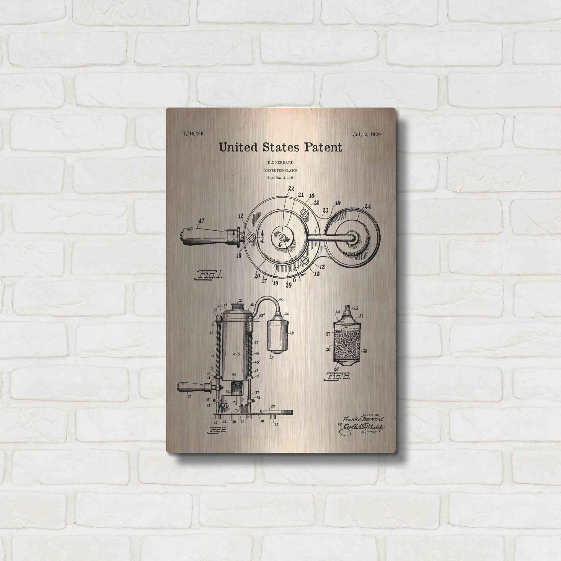 Luxe Metal Art 'Coffee Percolator Blueprint Patent Parchment' Metal Wall Art,16x24