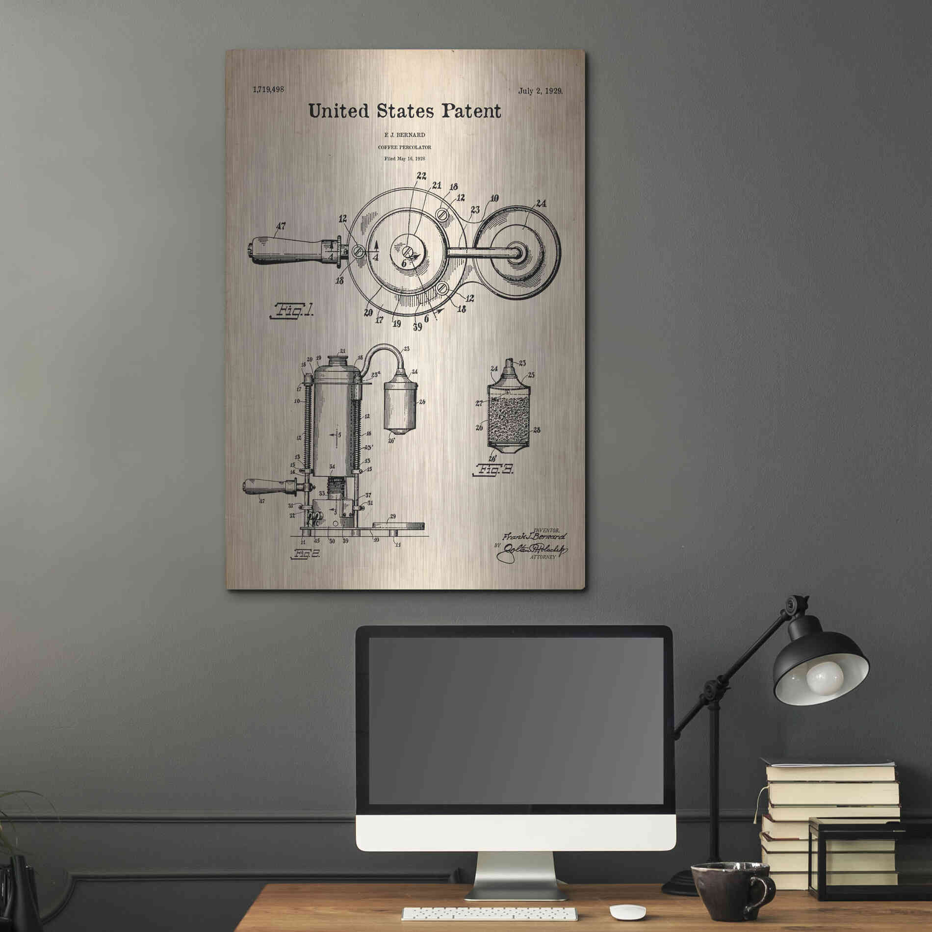 Luxe Metal Art 'Coffee Percolator Blueprint Patent Parchment' Metal Wall Art,24x36