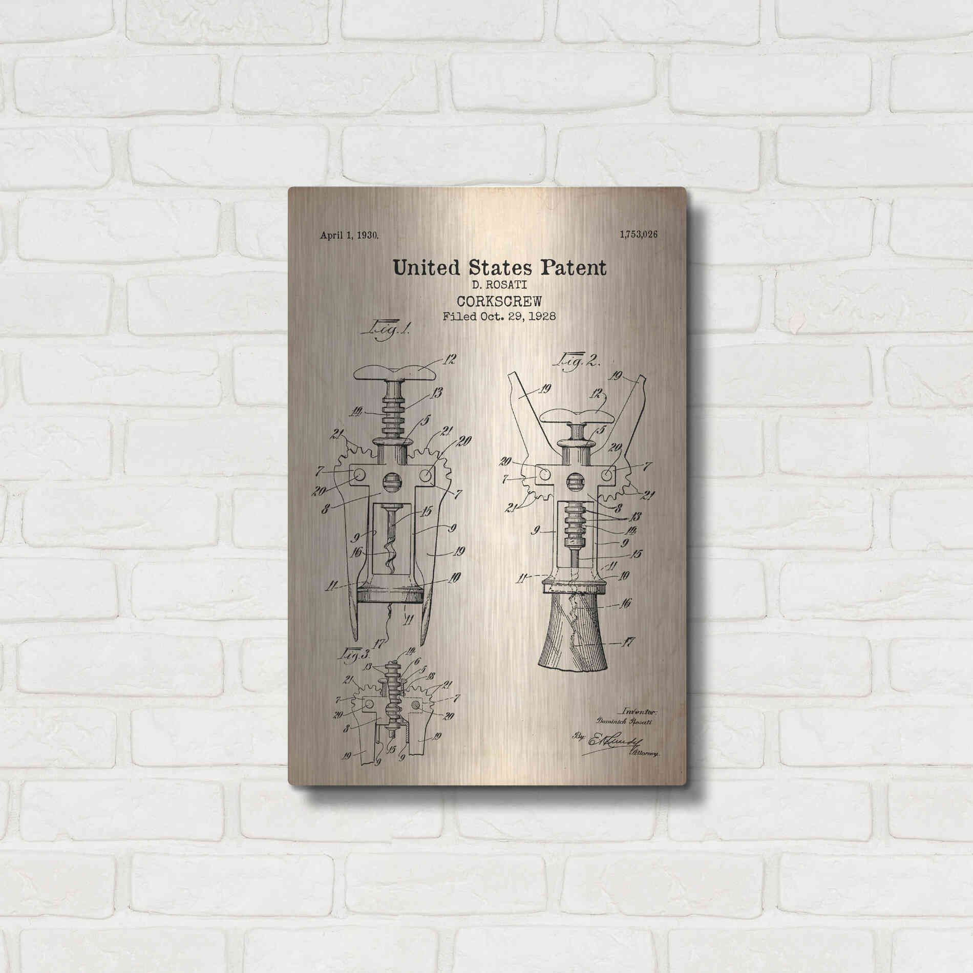 Luxe Metal Art 'Corkscrew Blueprint Patent Parchment' Metal Wall Art,16x24