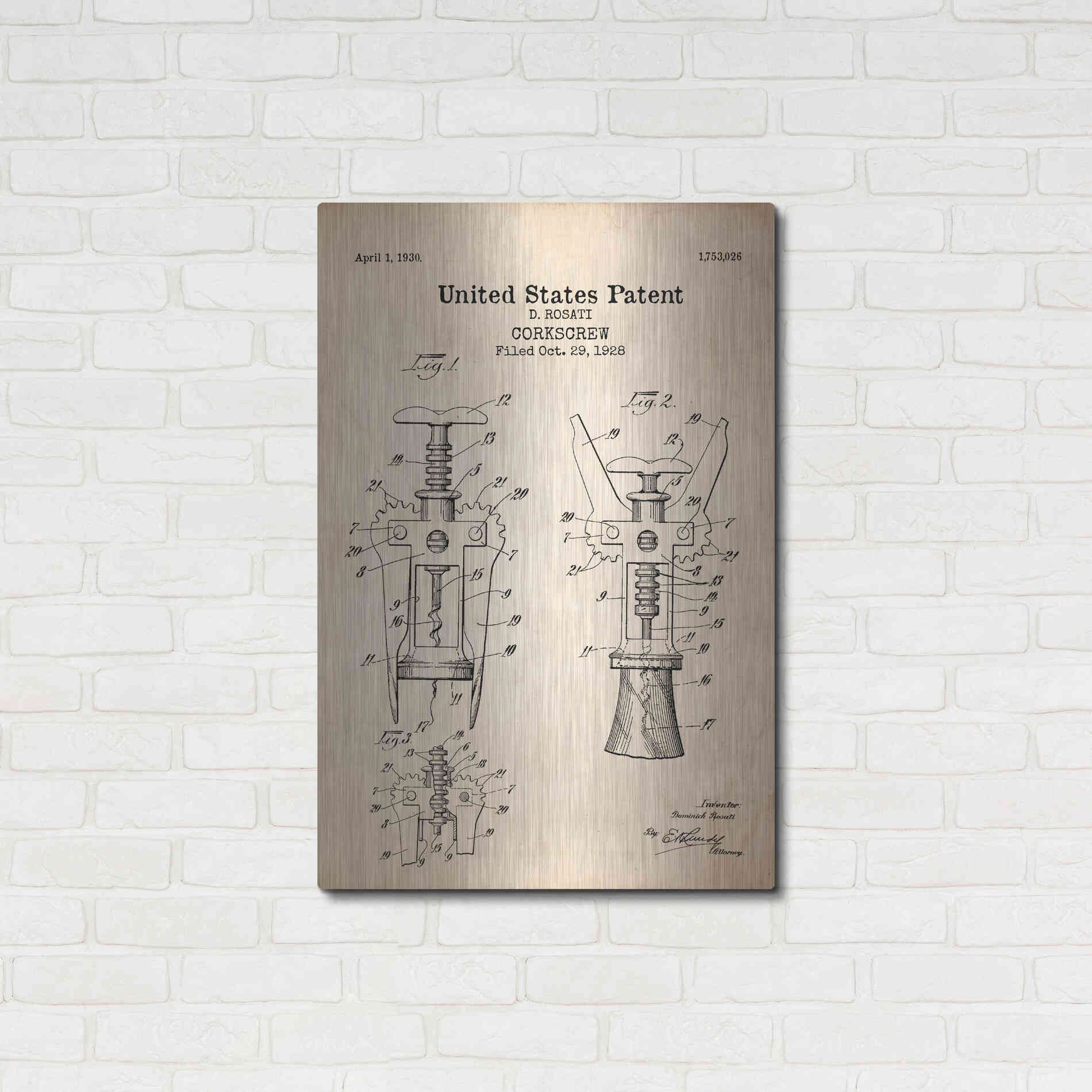 Luxe Metal Art 'Corkscrew Blueprint Patent Parchment' Metal Wall Art,24x36