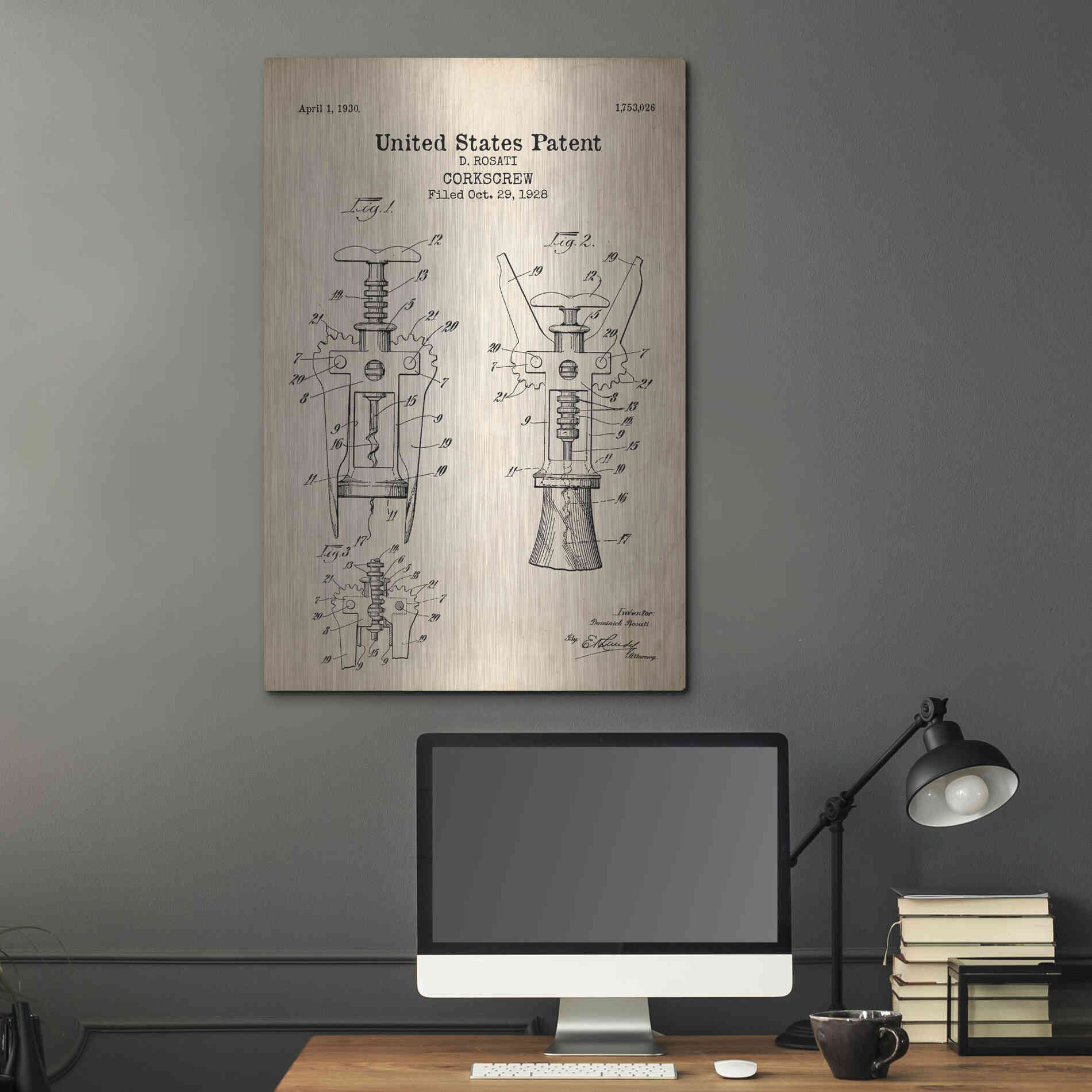 Luxe Metal Art 'Corkscrew Blueprint Patent Parchment' Metal Wall Art,24x36