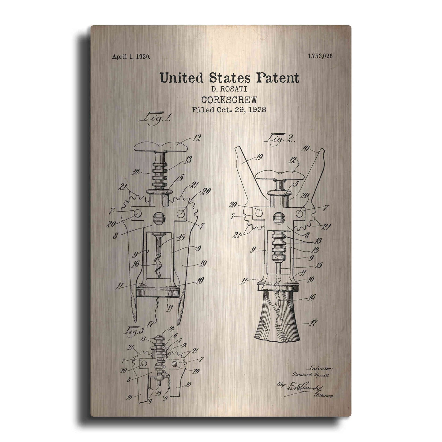 Luxe Metal Art 'Corkscrew Blueprint Patent Parchment' Metal Wall Art