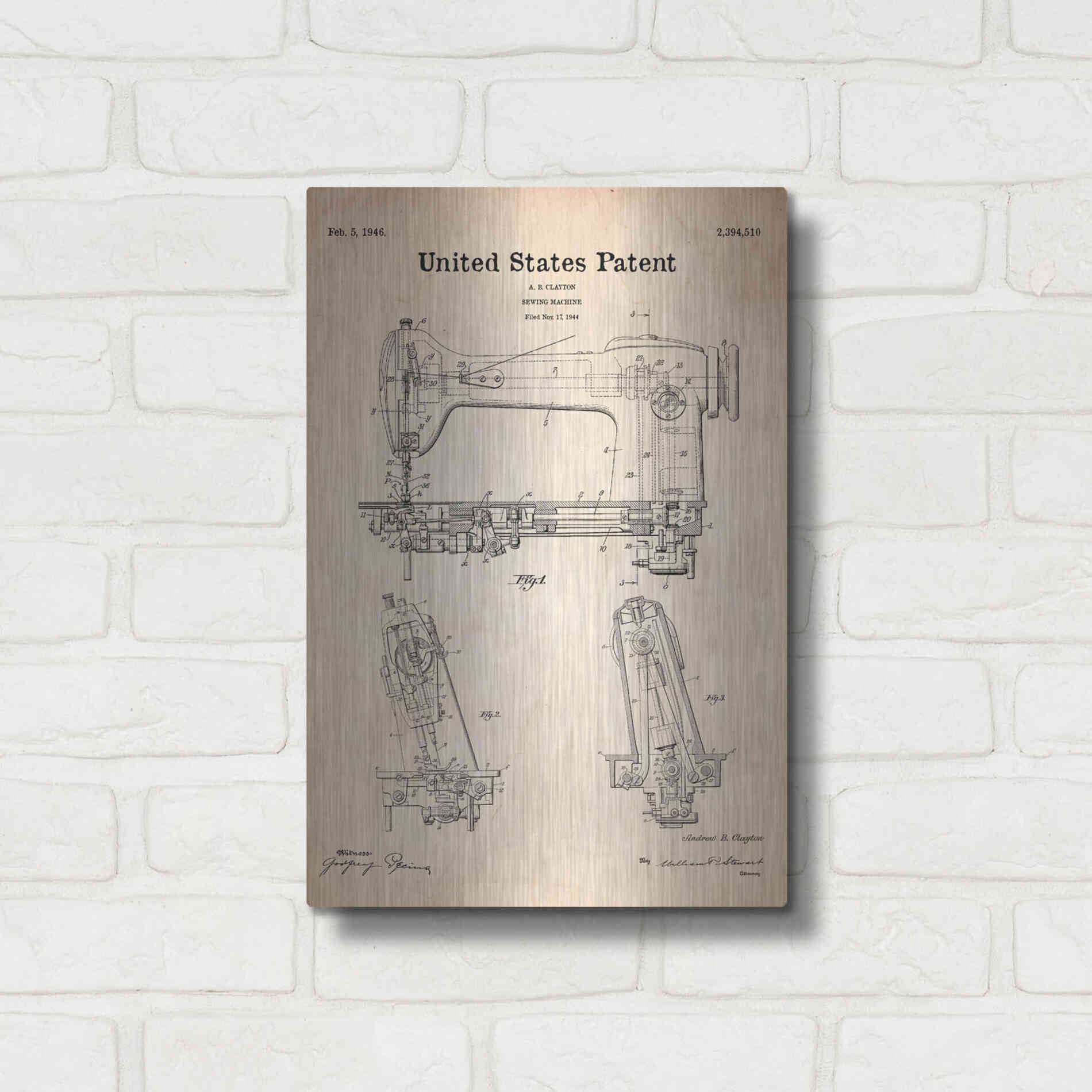 Luxe Metal Art 'Sewing Machine Blueprint Patent Parchment' Metal Wall Art,12x16