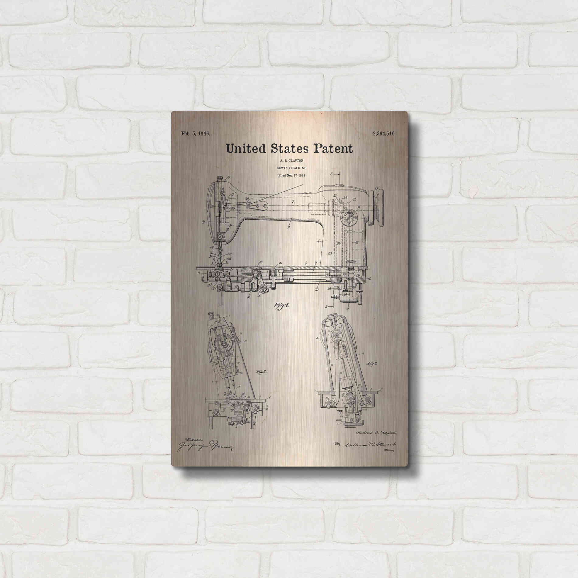 Luxe Metal Art 'Sewing Machine Blueprint Patent Parchment' Metal Wall Art,16x24