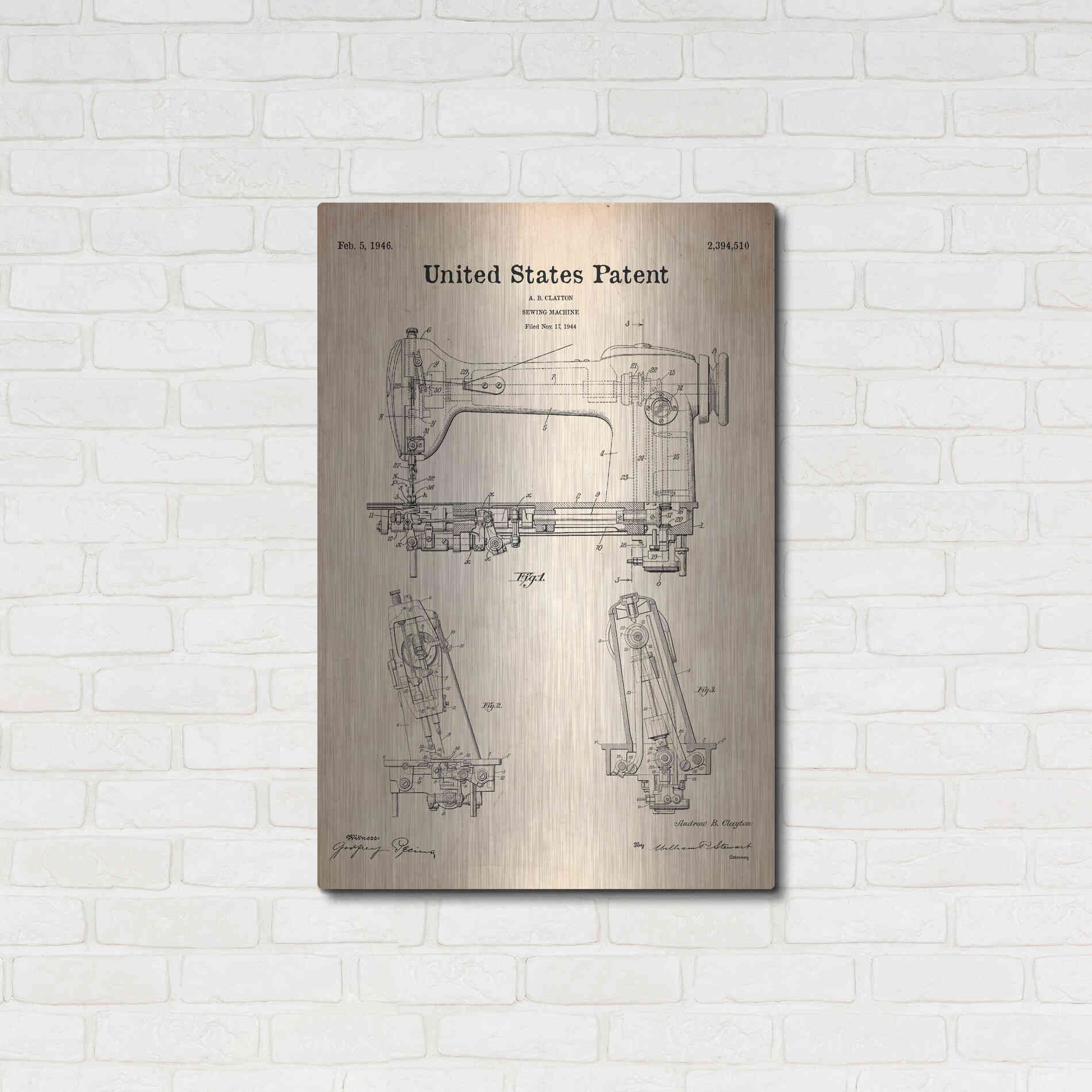 Luxe Metal Art 'Sewing Machine Blueprint Patent Parchment' Metal Wall Art,24x36