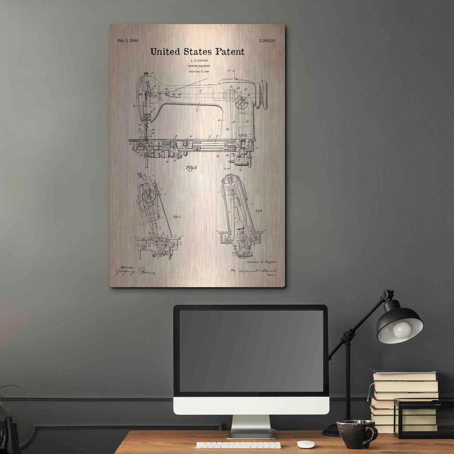 Luxe Metal Art 'Sewing Machine Blueprint Patent Parchment' Metal Wall Art,24x36