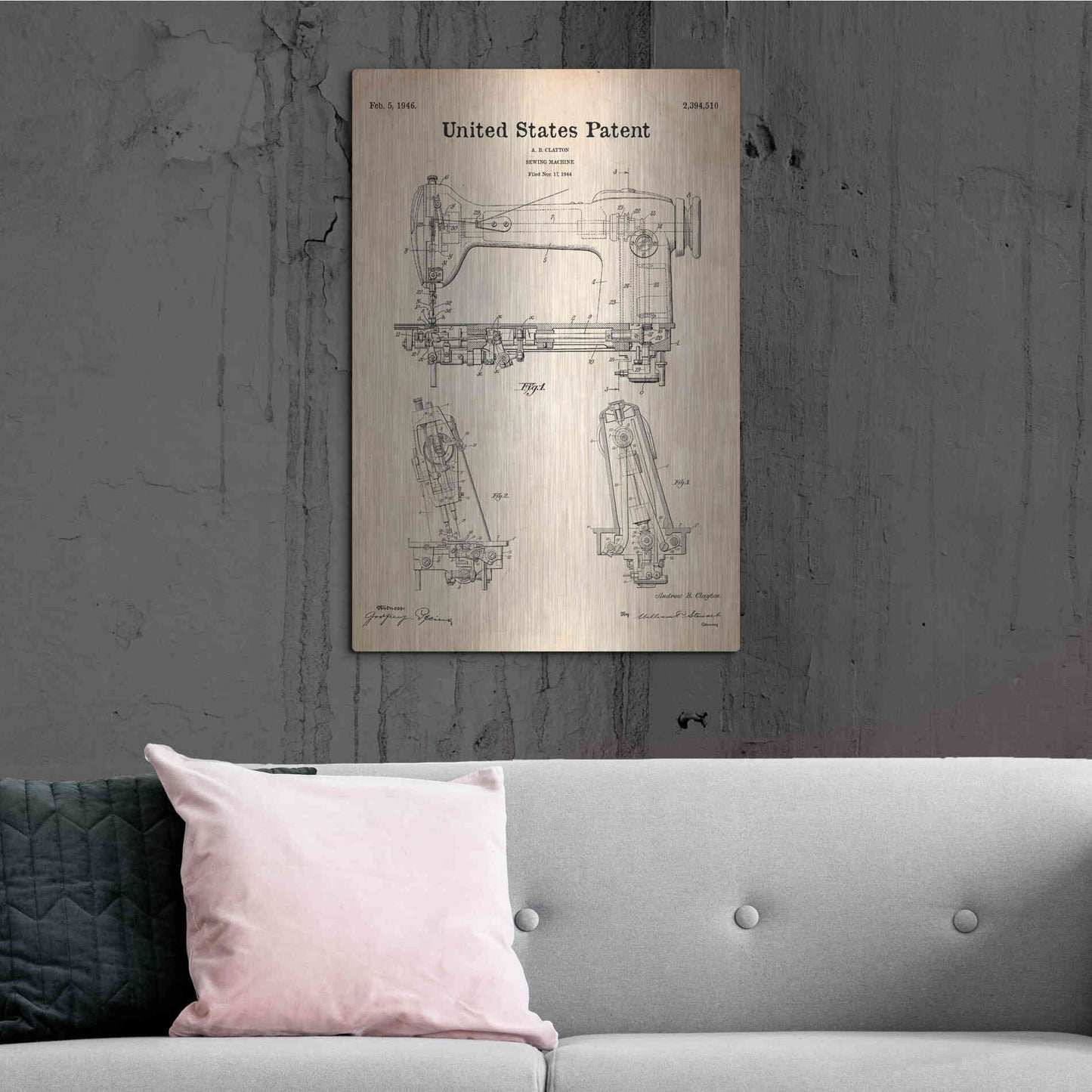 Luxe Metal Art 'Sewing Machine Blueprint Patent Parchment' Metal Wall Art,24x36