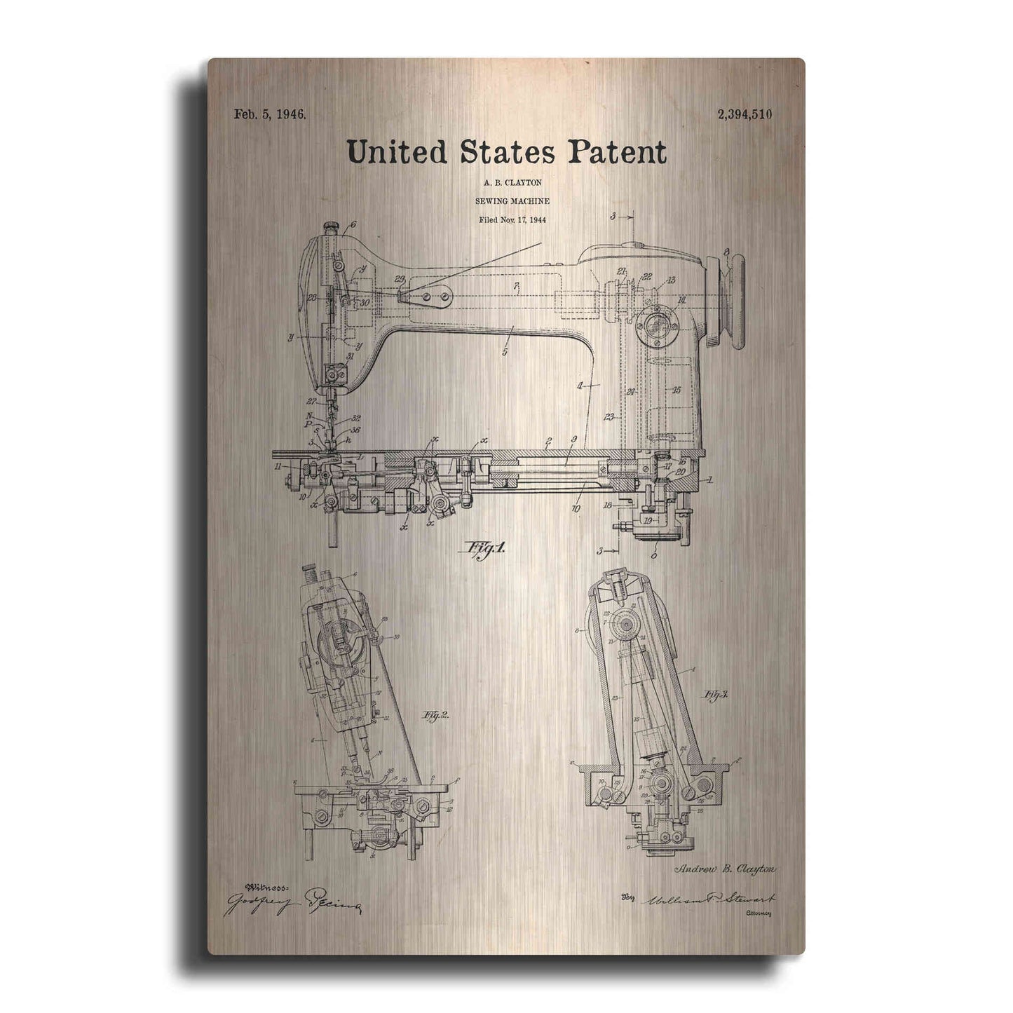 Luxe Metal Art 'Sewing Machine Blueprint Patent Parchment' Metal Wall Art