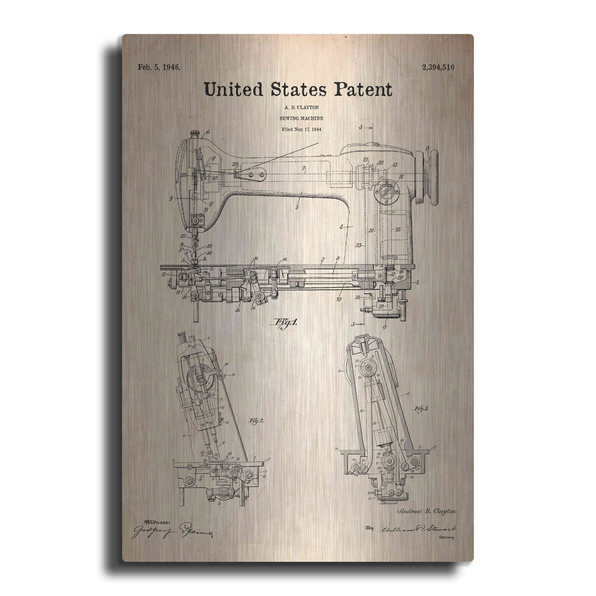 Luxe Metal Art 'Sewing Machine Blueprint Patent Parchment' Metal Wall Art