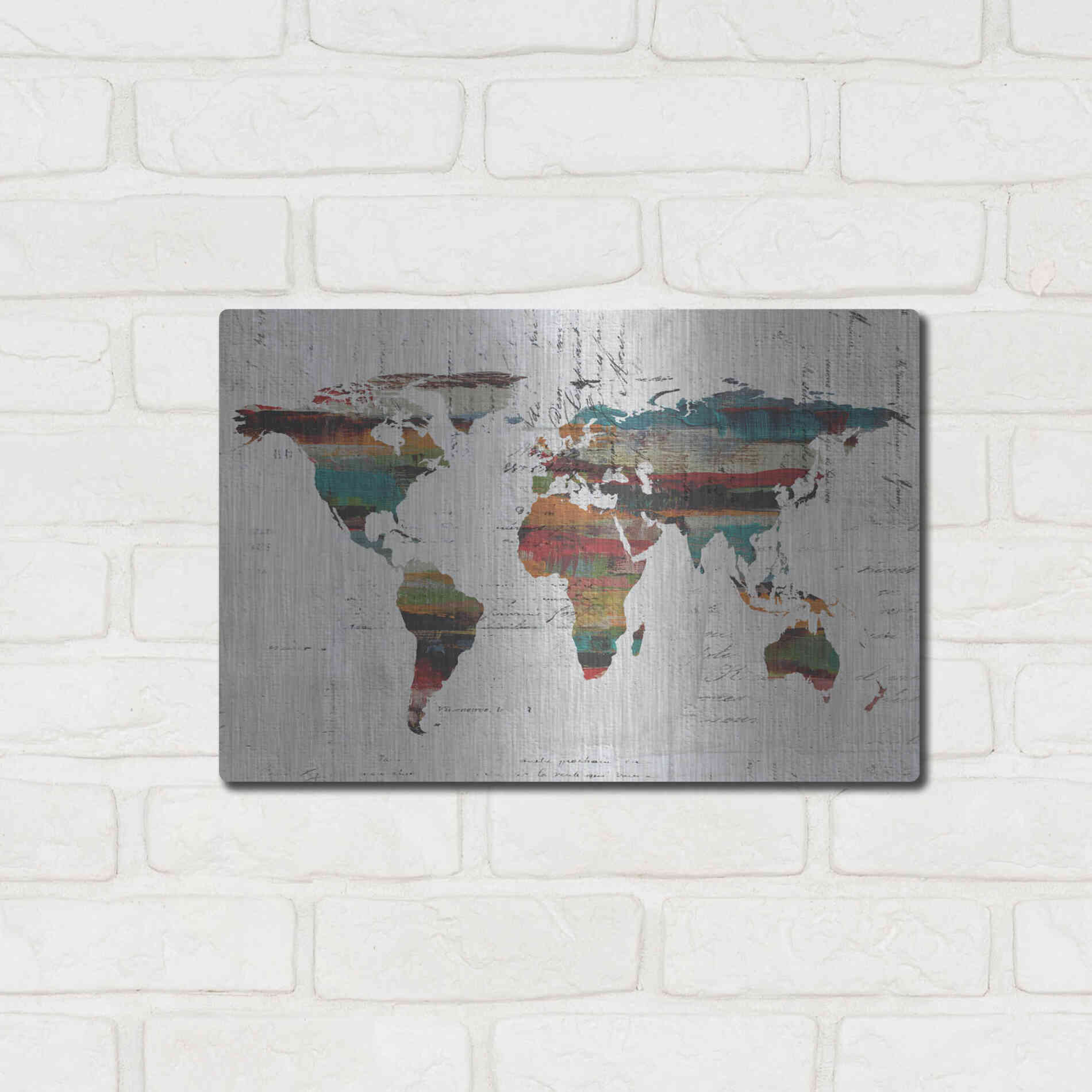 Luxe Metal Art 'Painted World Map IV' by Irena Orlov, Metal Wall Art,16x12